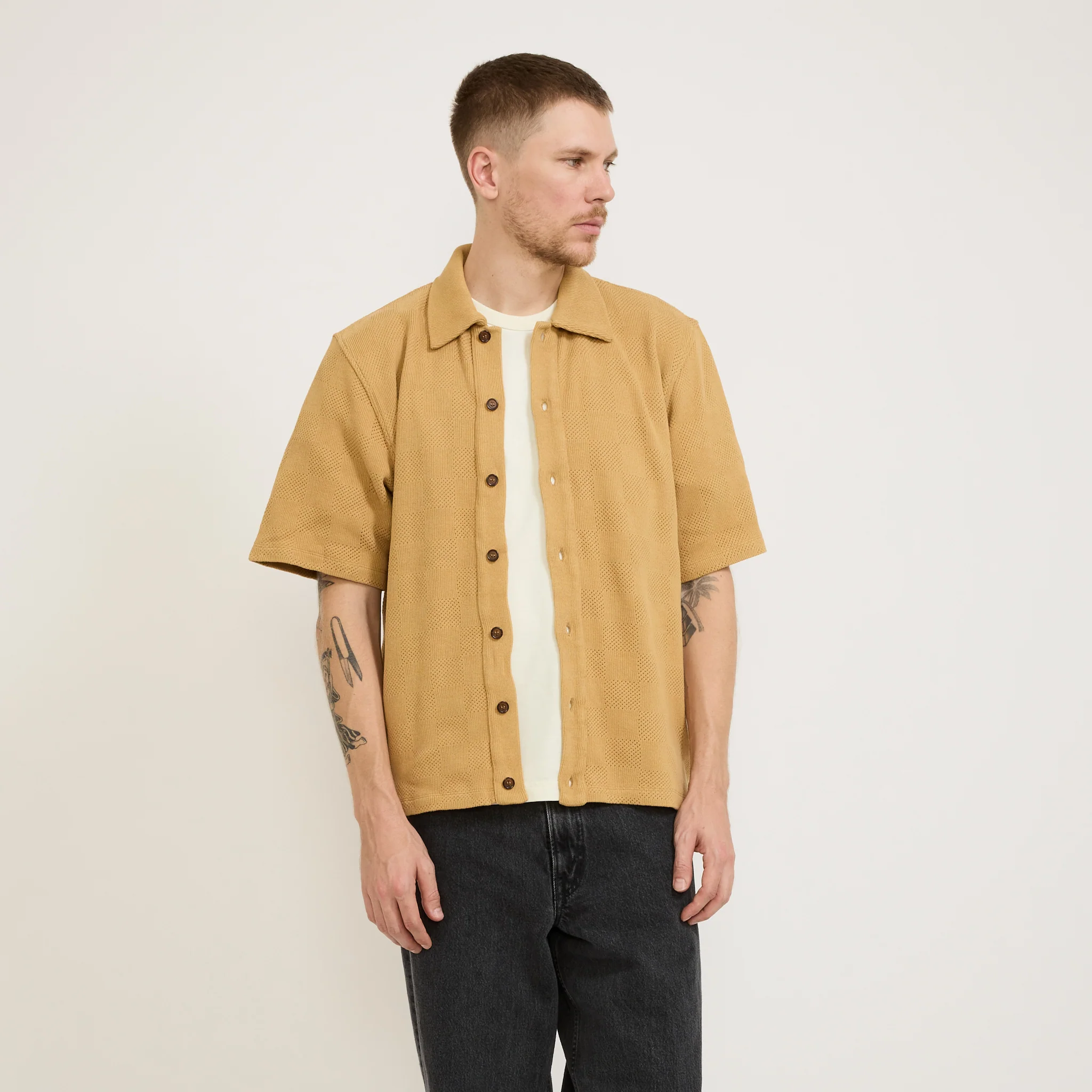 Button Through Polo Fantasy Checkerboard Sand