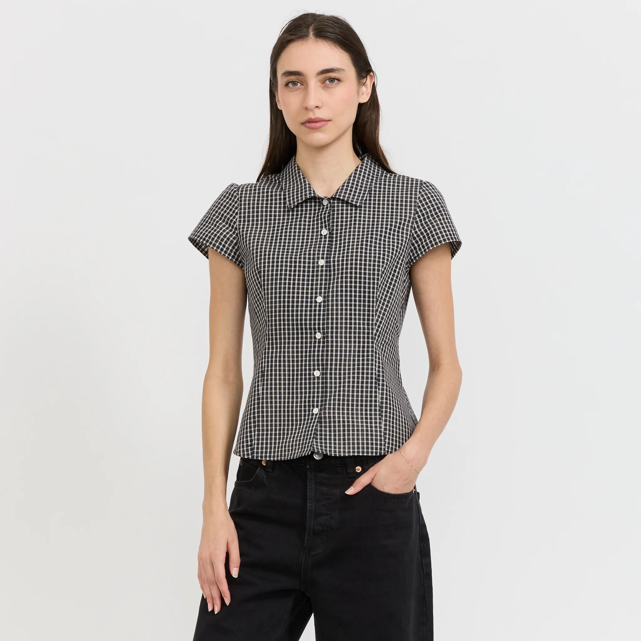 Cap Sleeve Slim Shirt Black Check