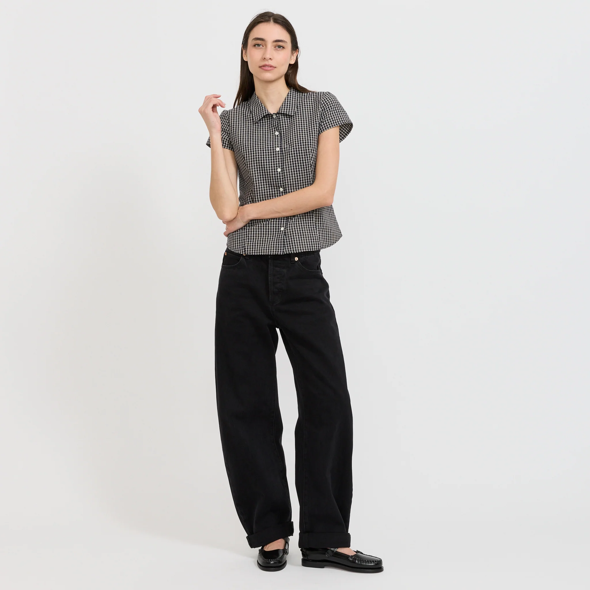 Cap Sleeve Slim Shirt Black Check - Image 2