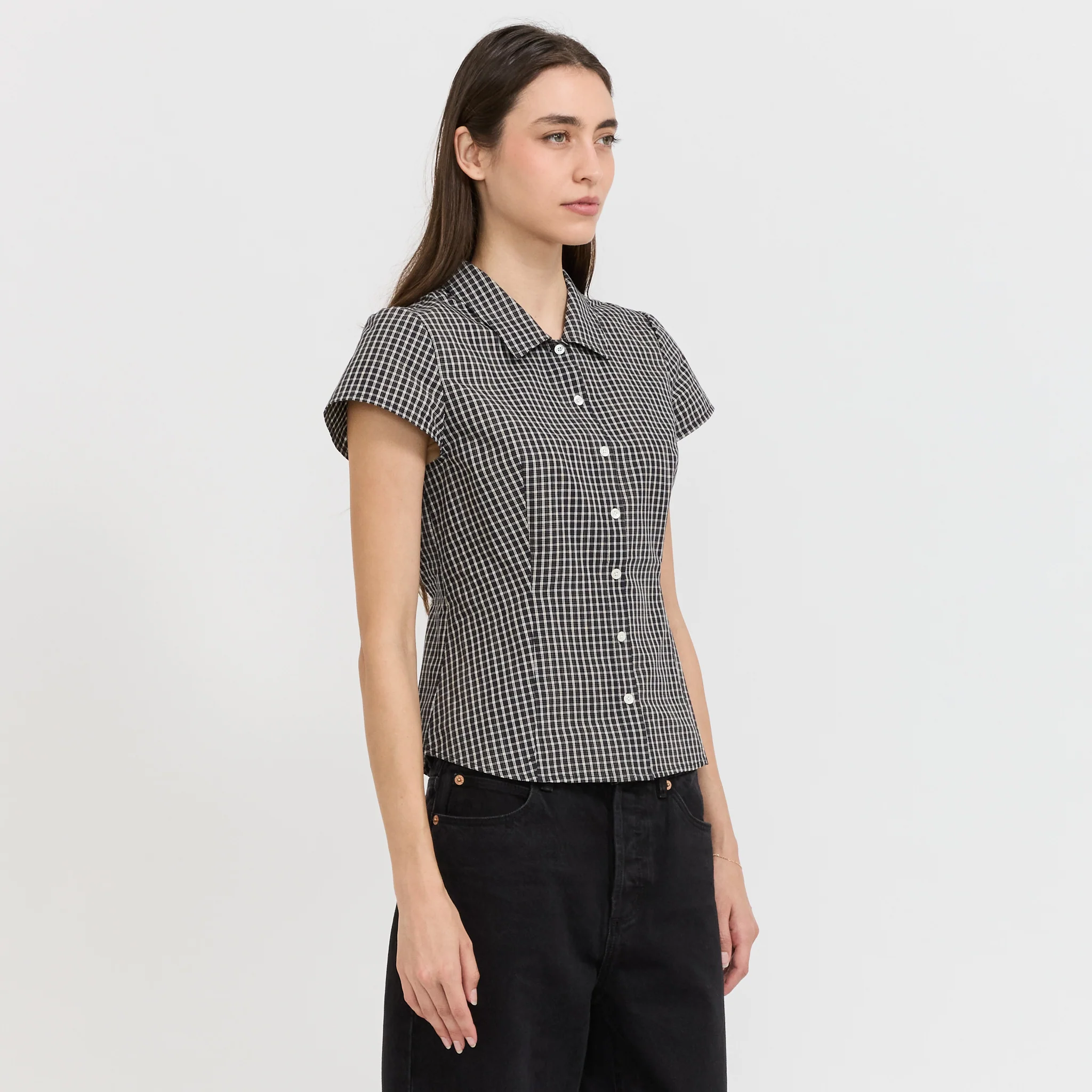 Cap Sleeve Slim Shirt Black Check - Image 3