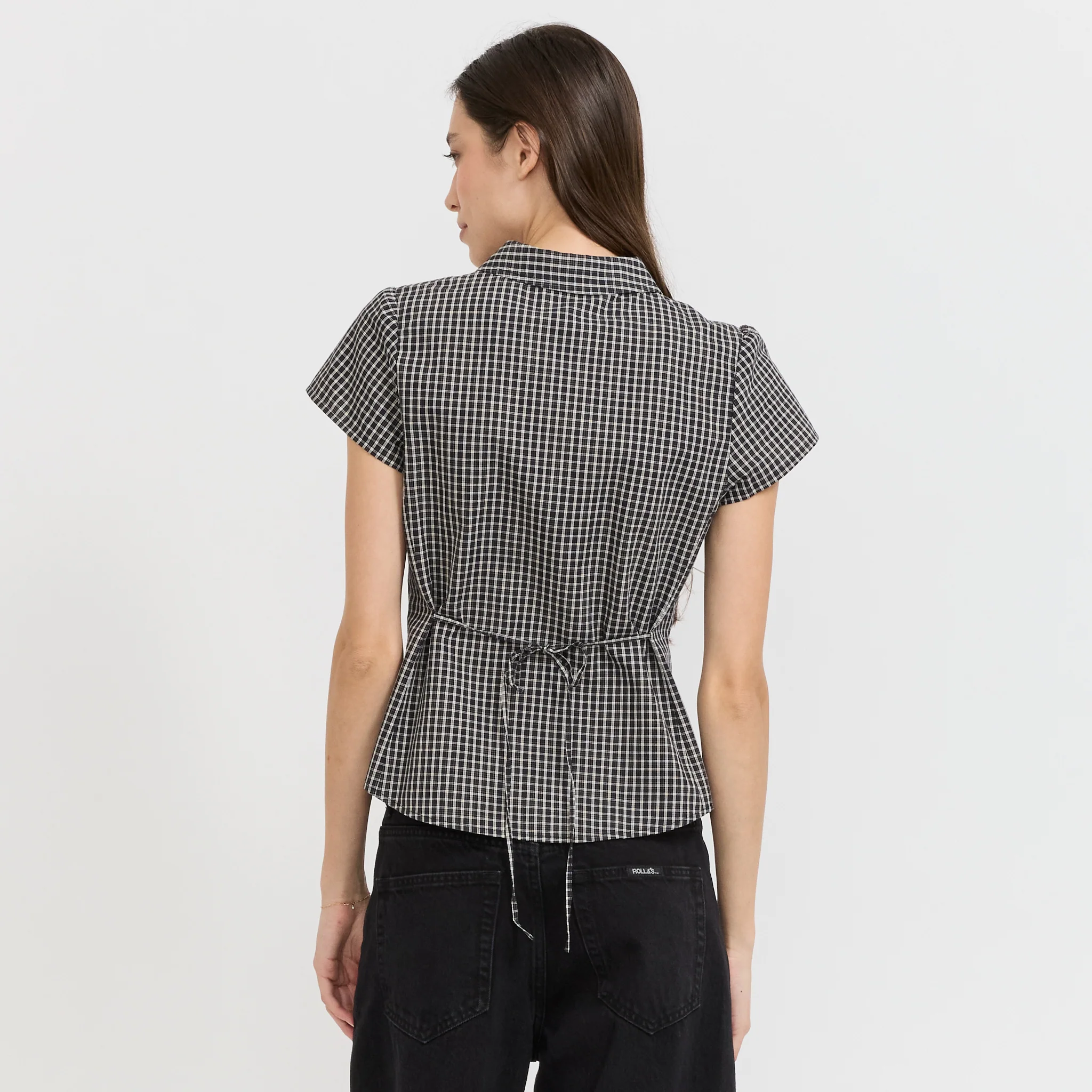 Cap Sleeve Slim Shirt Black Check - Image 4