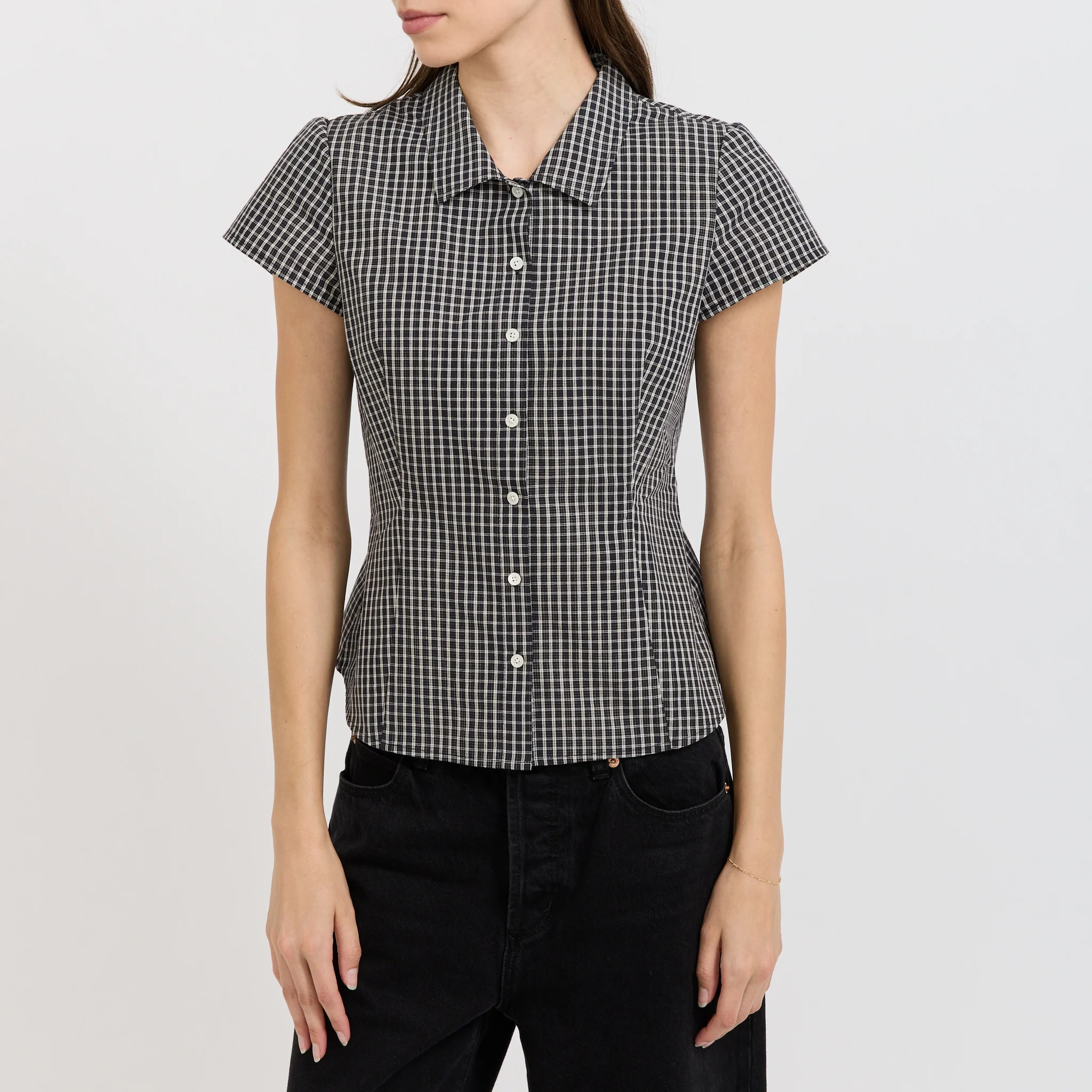 Cap Sleeve Slim Shirt Black Check - Image 5