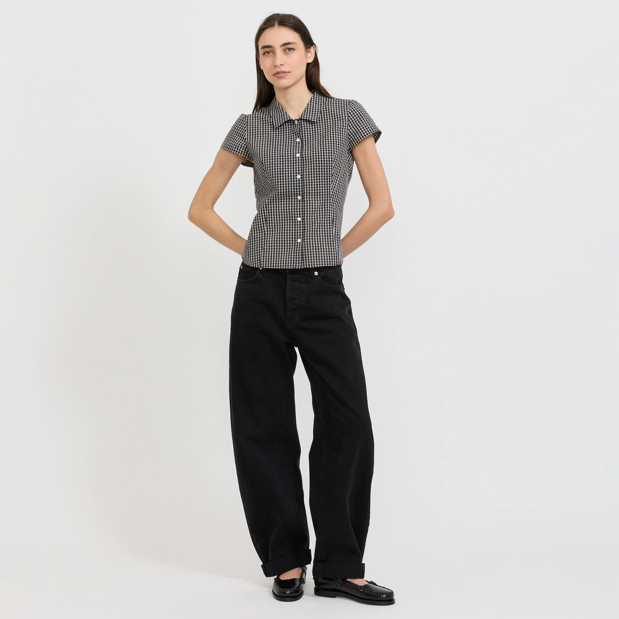 Cap Sleeve Slim Shirt Black Check - Image 7