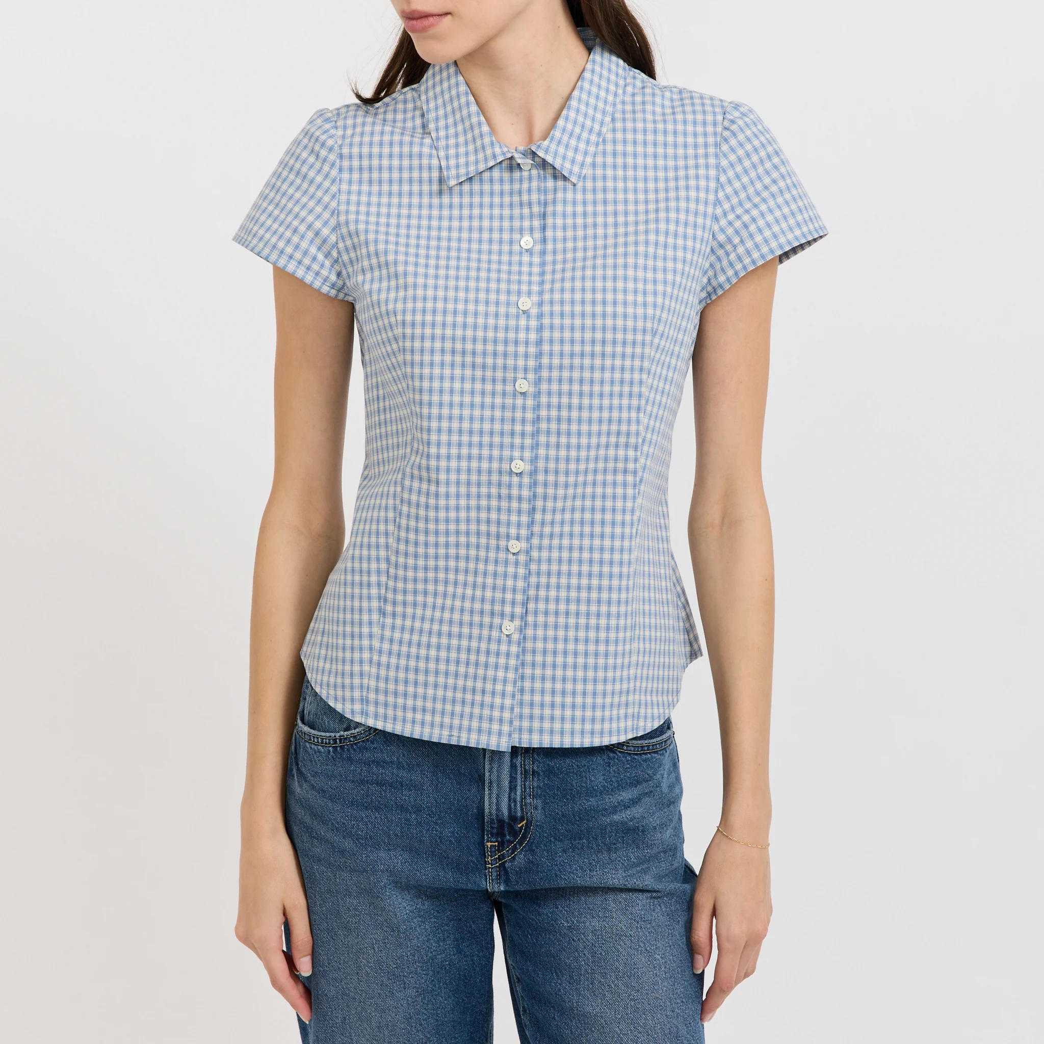 Cap Sleeve Slim Shirt Soft Blue Check - Image 5