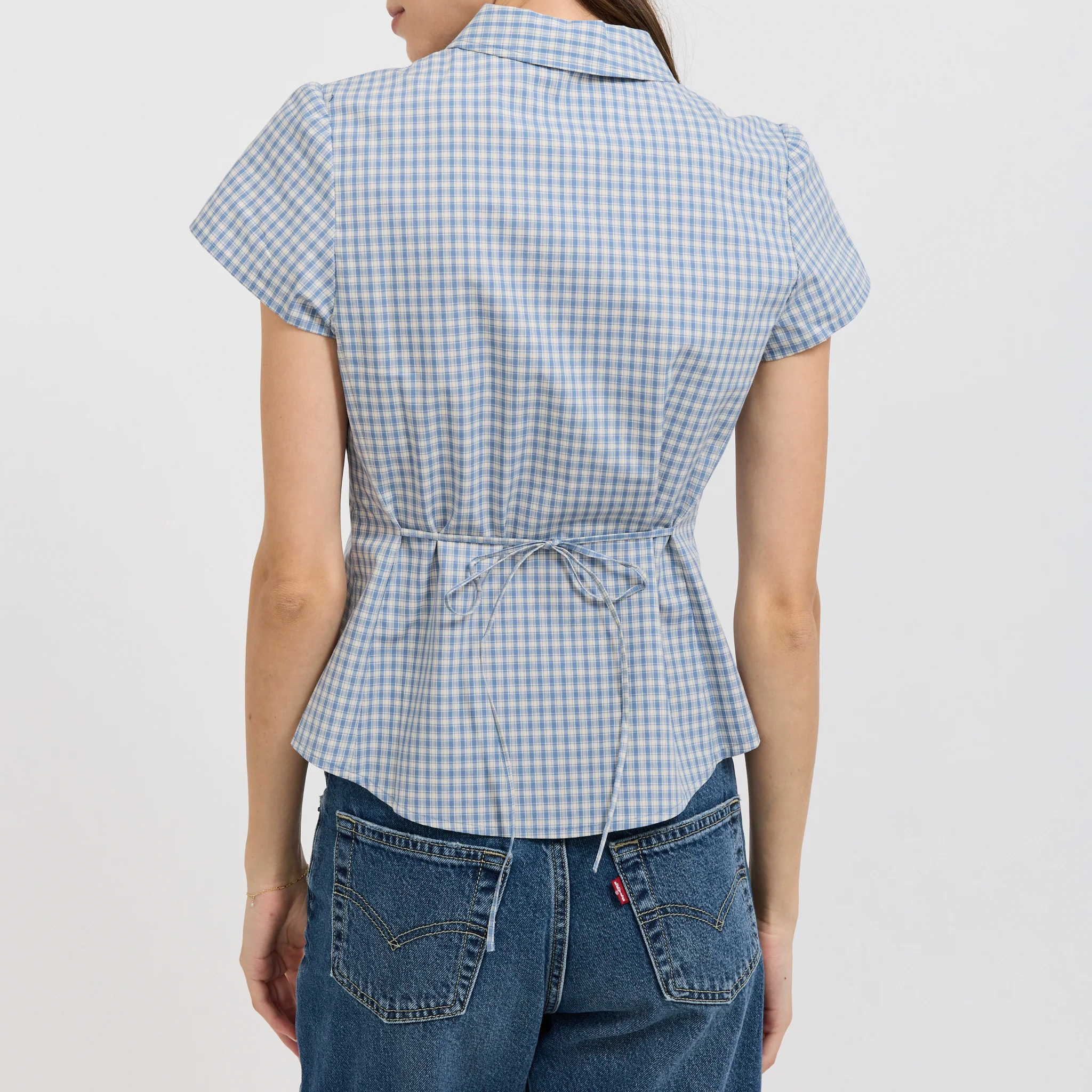 Cap Sleeve Slim Shirt Soft Blue Check - Image 6