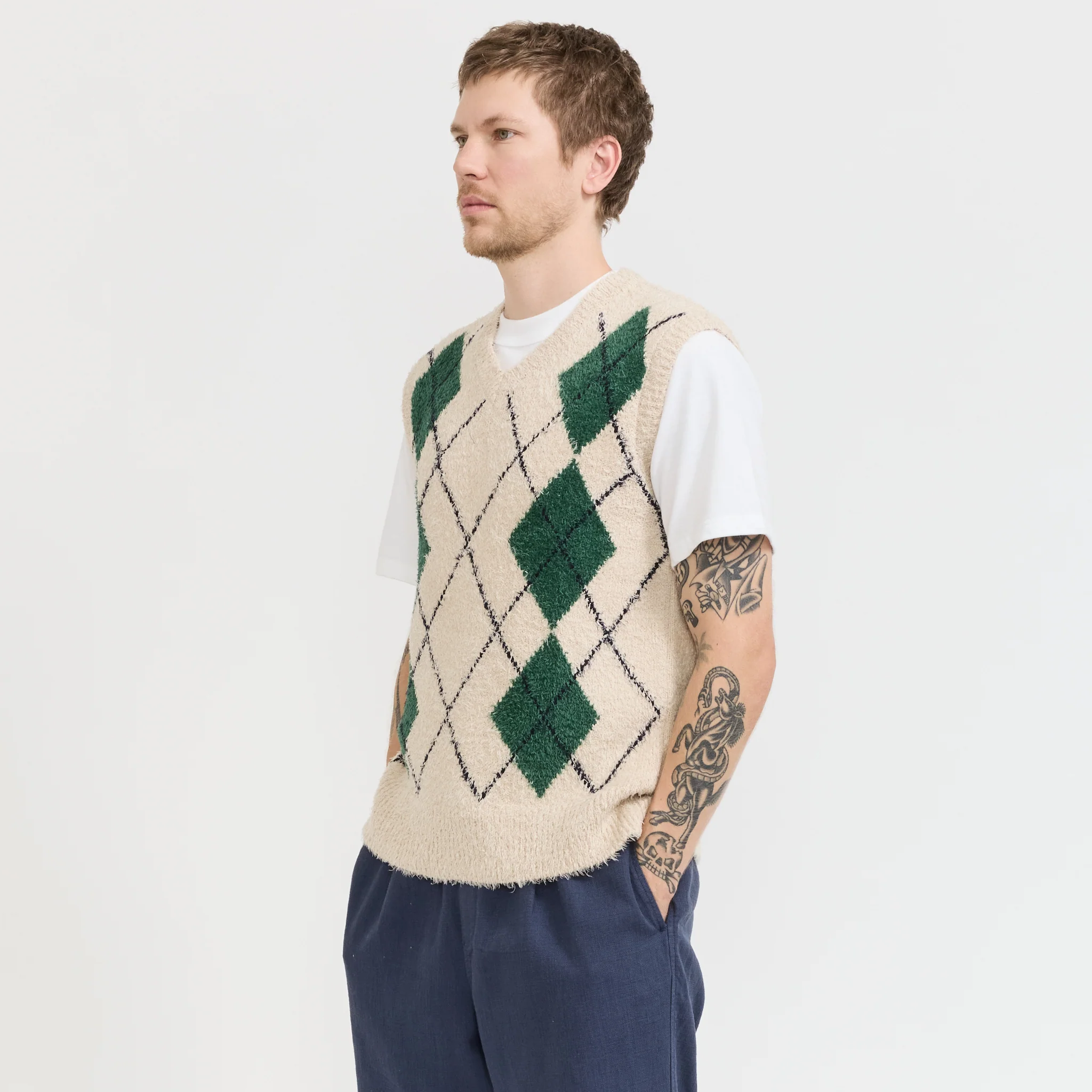 Carron Argyle Vest Ecru