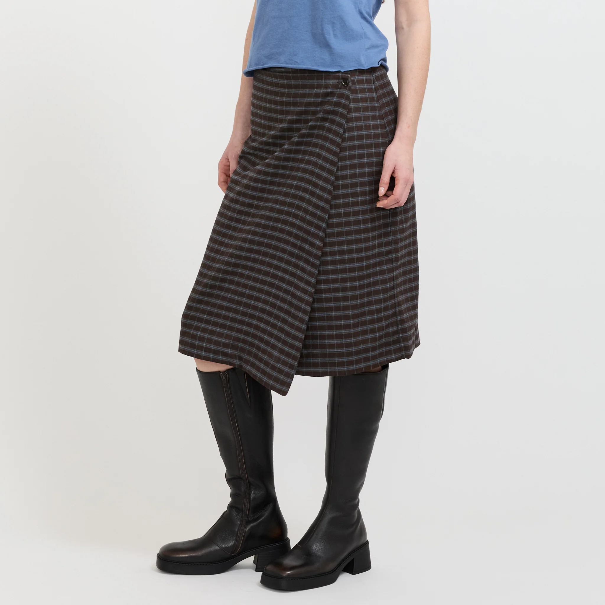 Check Asymmetric Wrap Skirt Dark Brown/Pale Blue Check