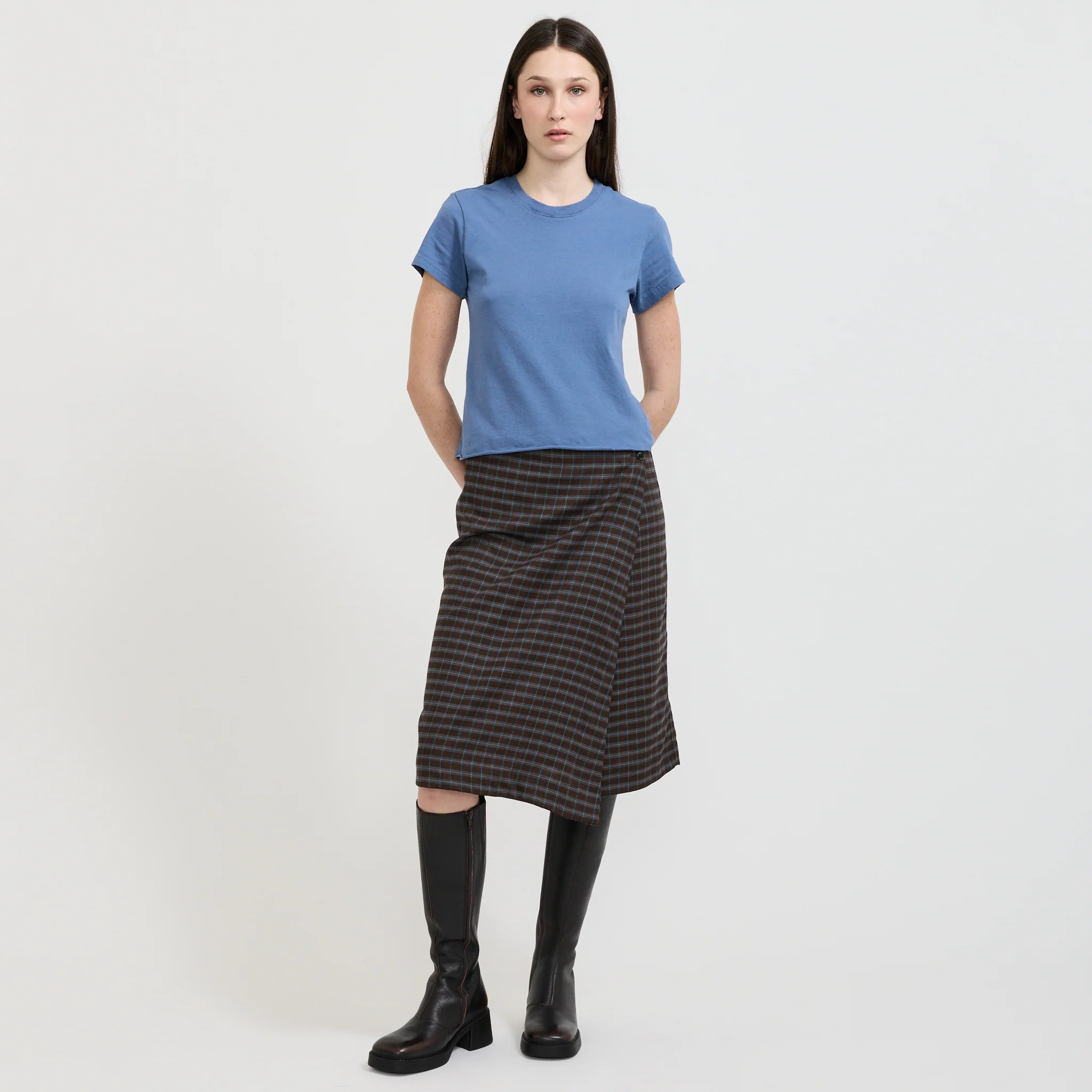 Check Asymmetric Wrap Skirt Dark Brown/Pale Blue Check - Image 2