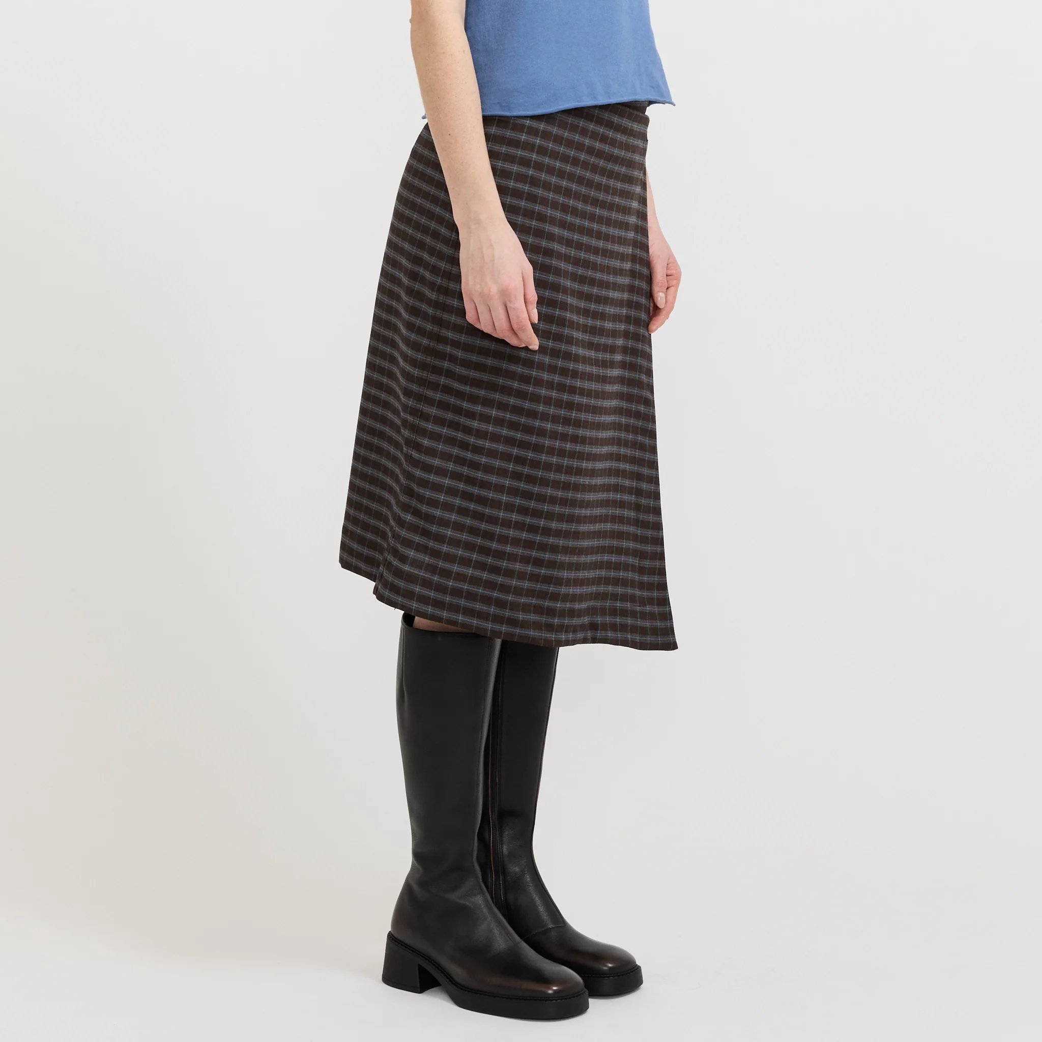 Check Asymmetric Wrap Skirt Dark Brown/Pale Blue Check - Image 3
