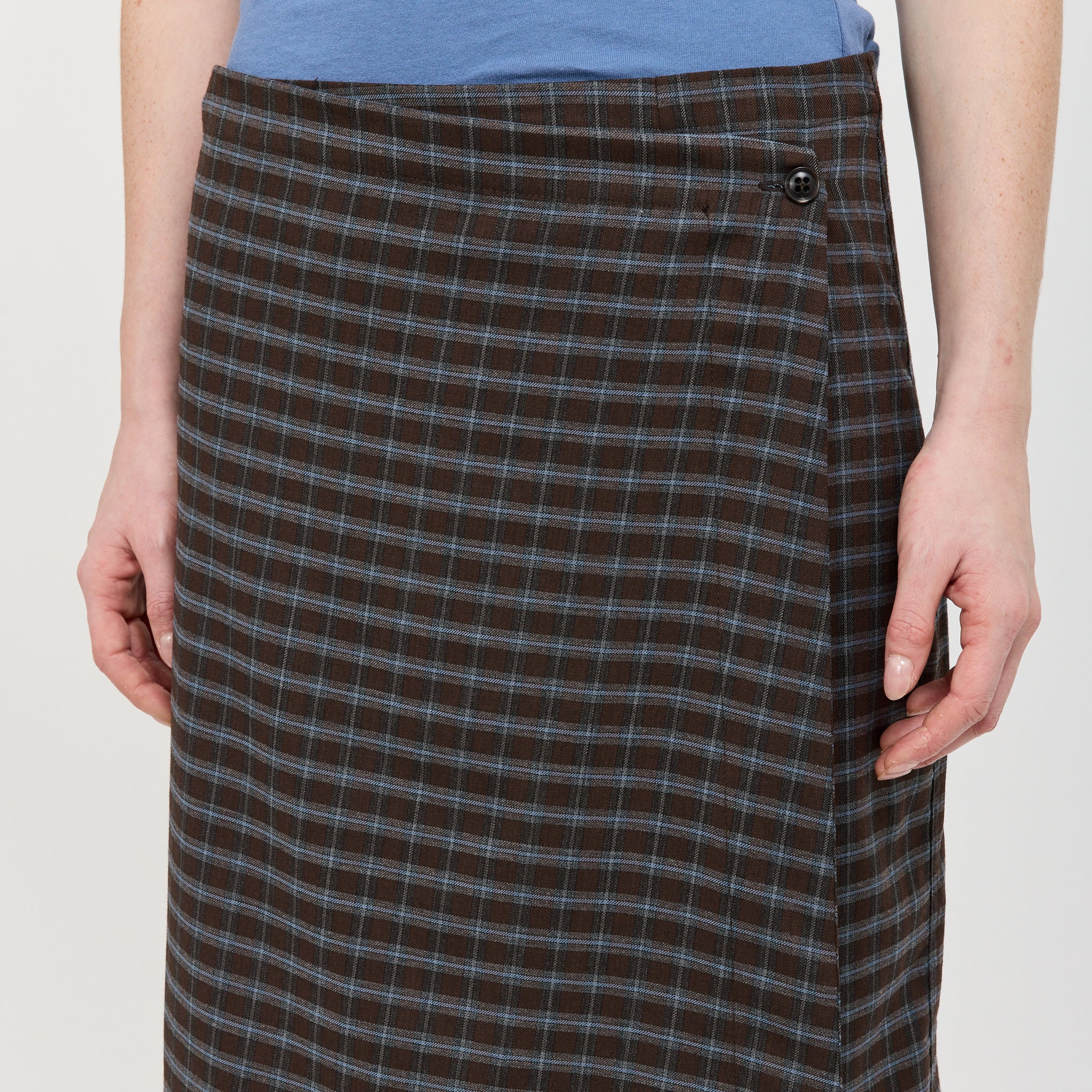 Check Asymmetric Wrap Skirt Dark Brown/Pale Blue Check - Image 5