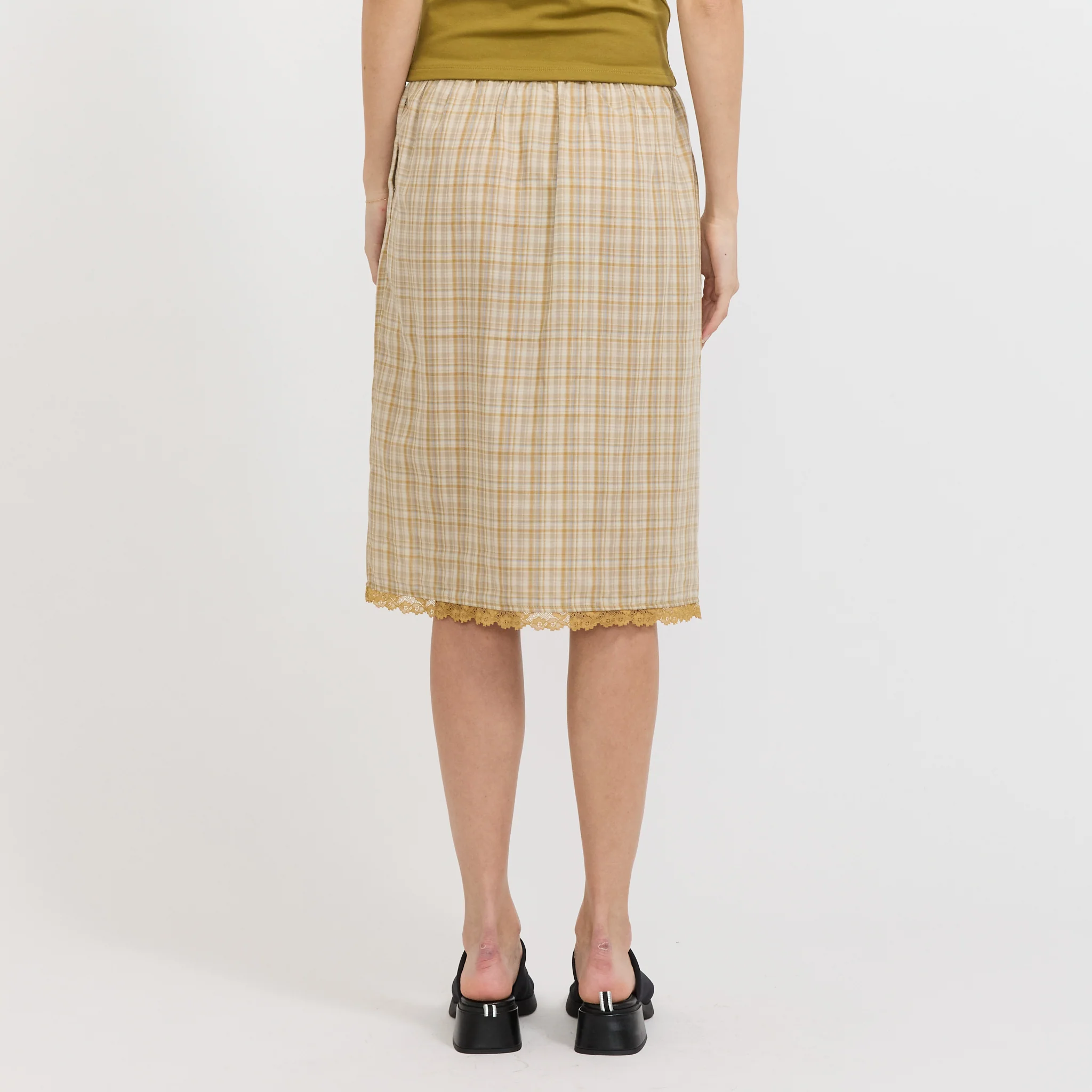 Embroidered Lace Check Skirt Mustard - Image 3