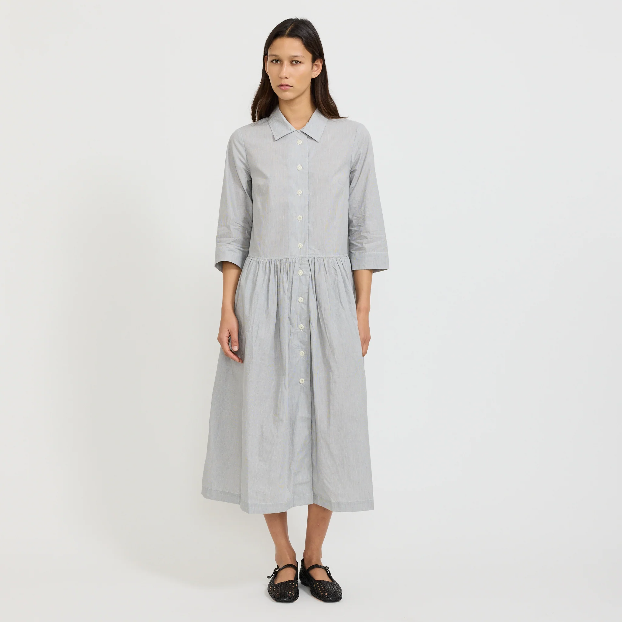 Fine Stripe Cotton Shirt Dress Ecru/Slate