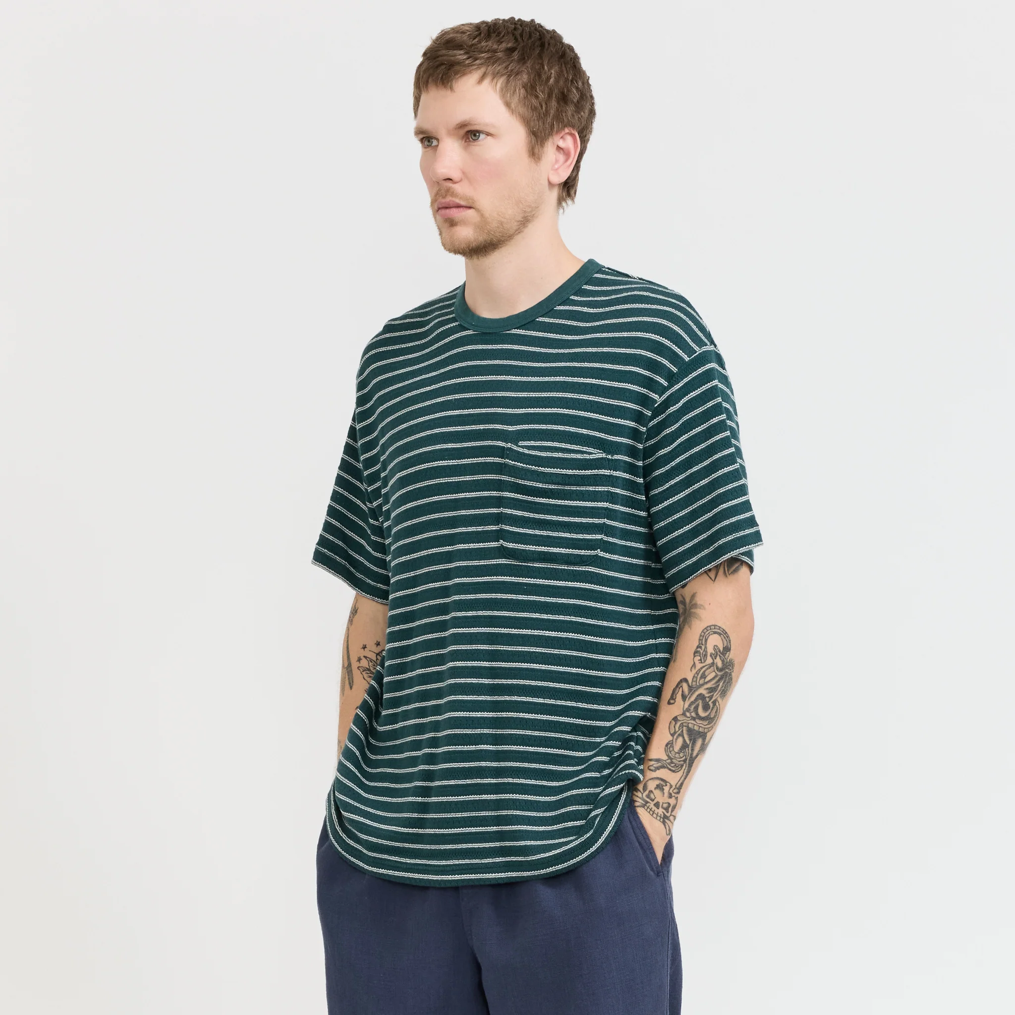 Fly T-Shirt Green/Ecru Knitted Stripe