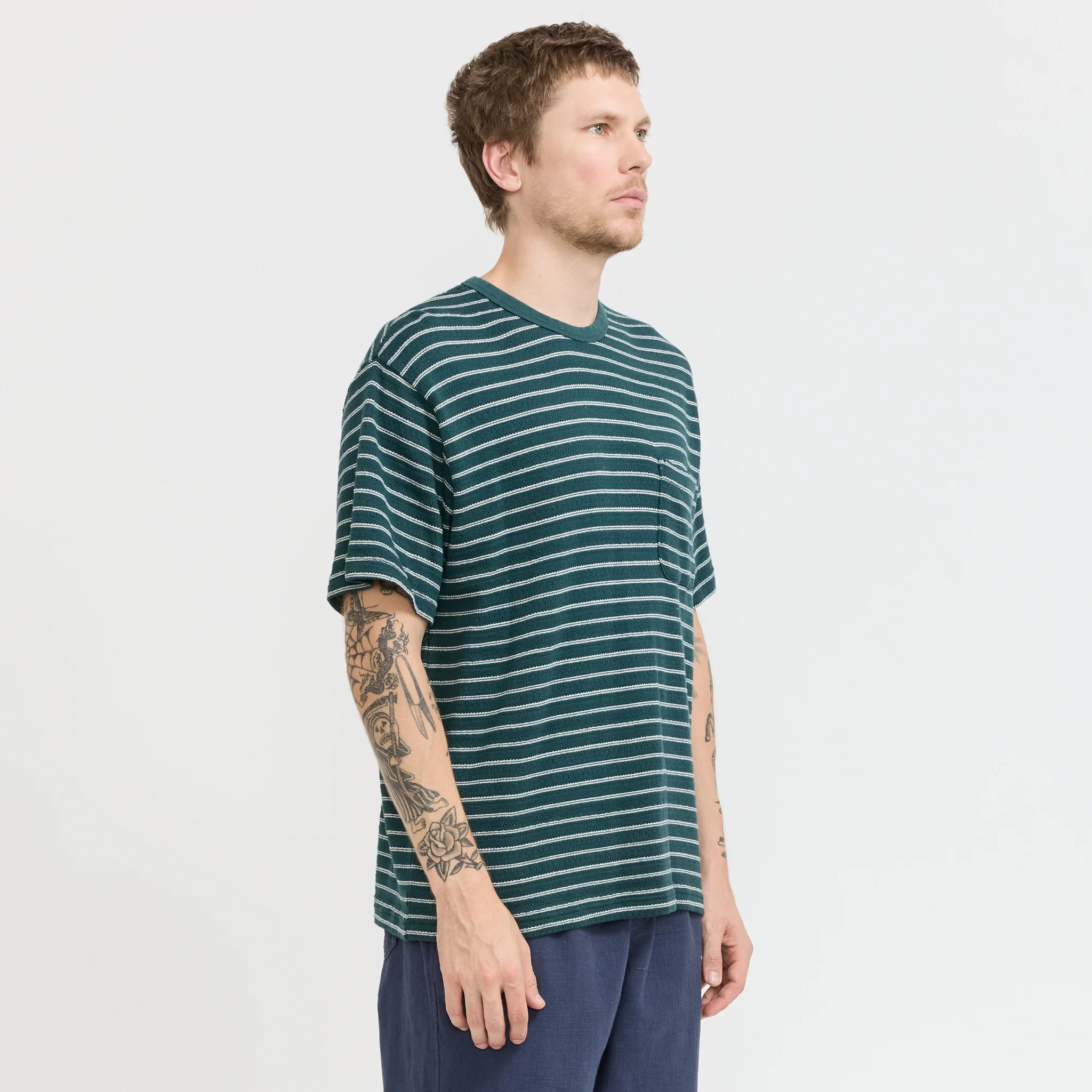 Fly T-Shirt Green/Ecru Knitted Stripe - Image 3