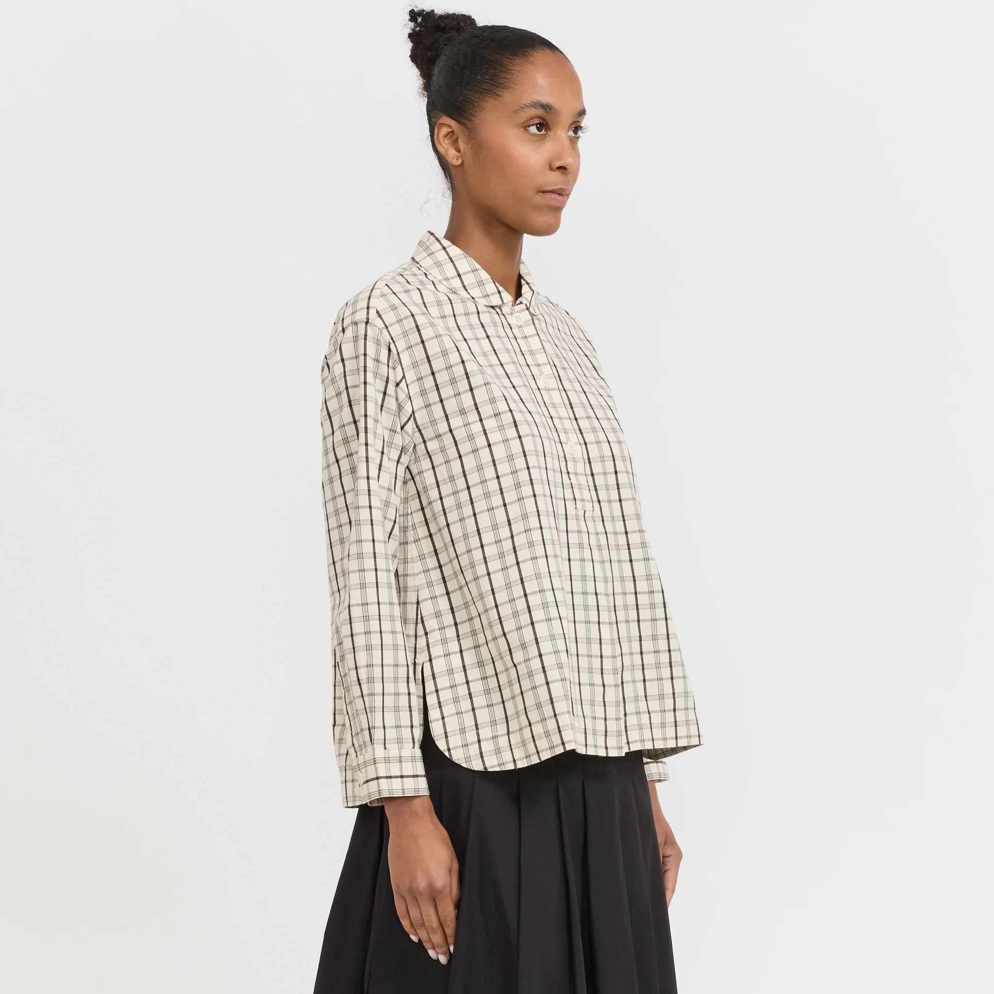 Half Placket Check Cotton Shirt Ecru/Rich Soil - Image 3