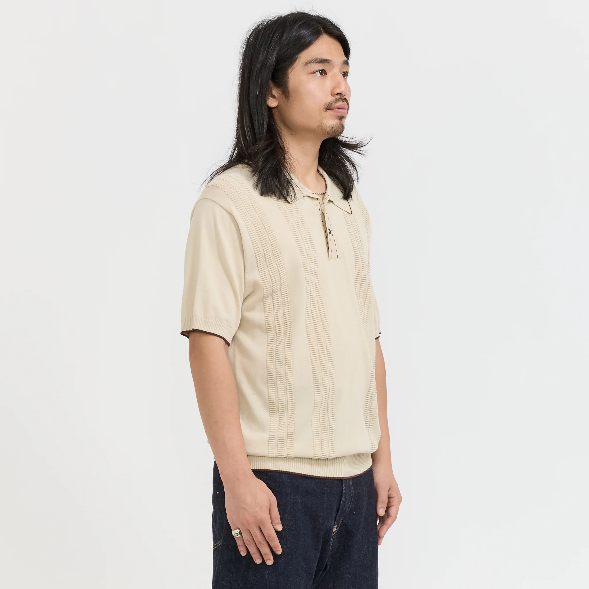 Knit Polo Raised Pattern Jacquard Line Beige - Image 2