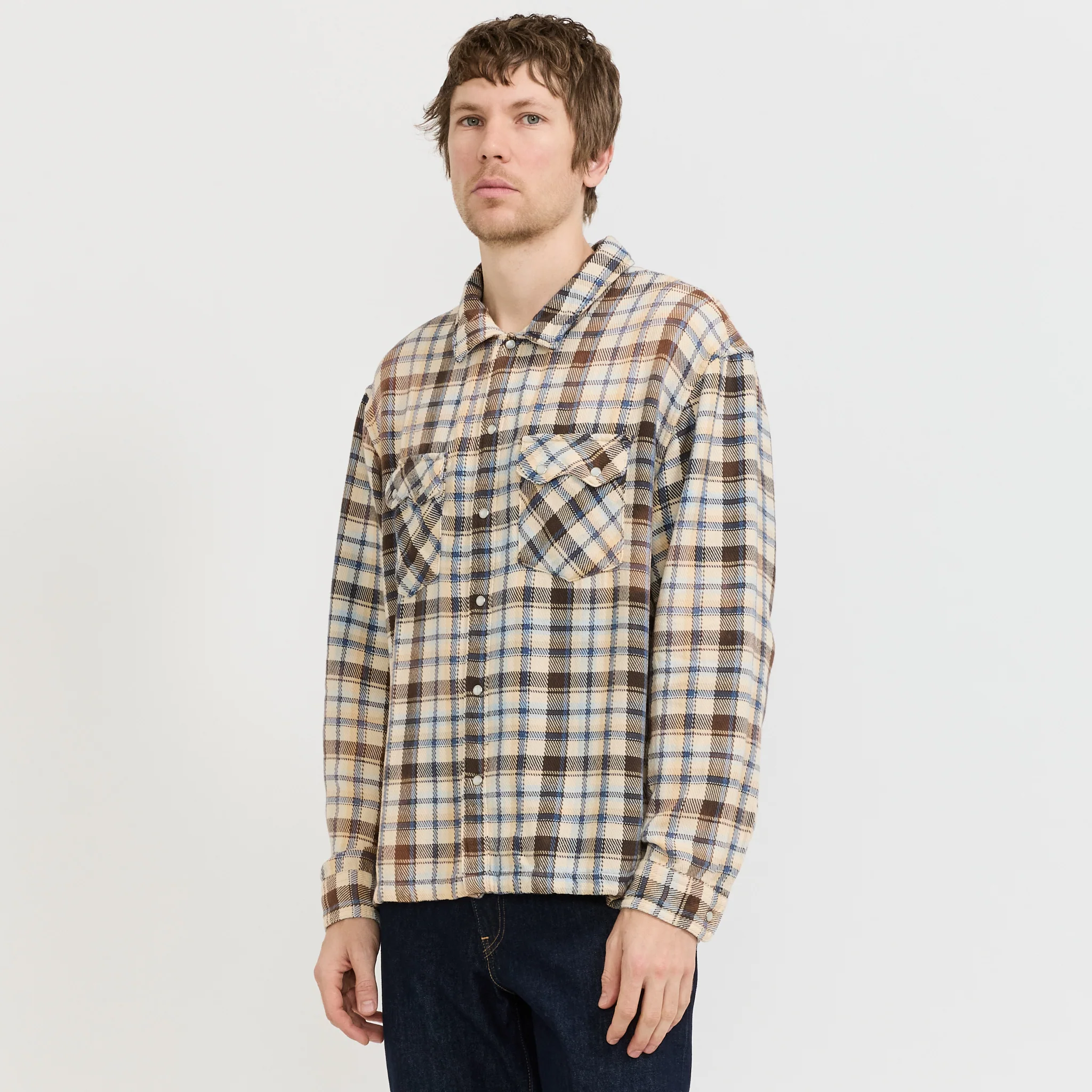 L/S Boxy Western Shirt Tanner Plaid Whitecap Grey
