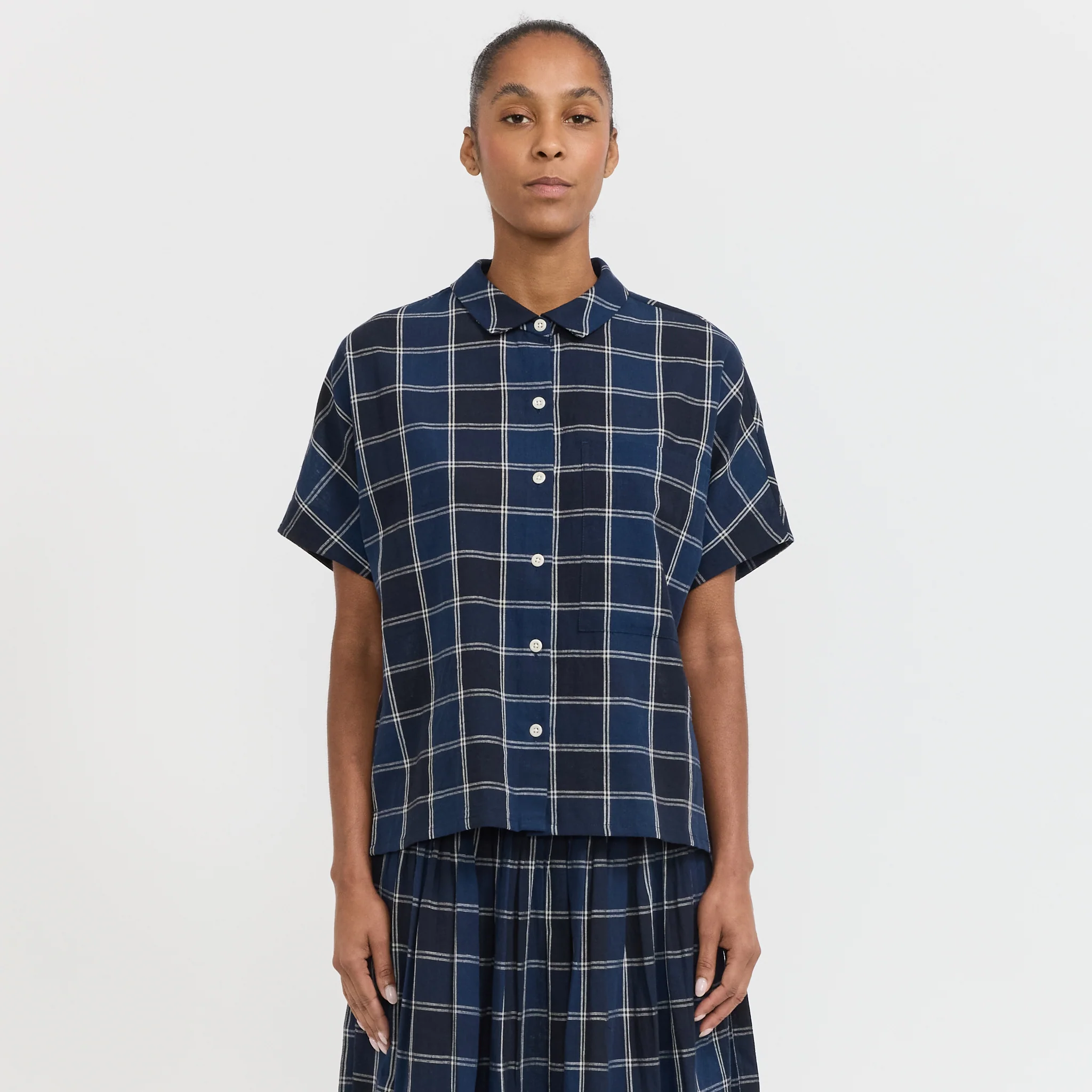 Market Check Cotton Linen Shirt Denim Blue
