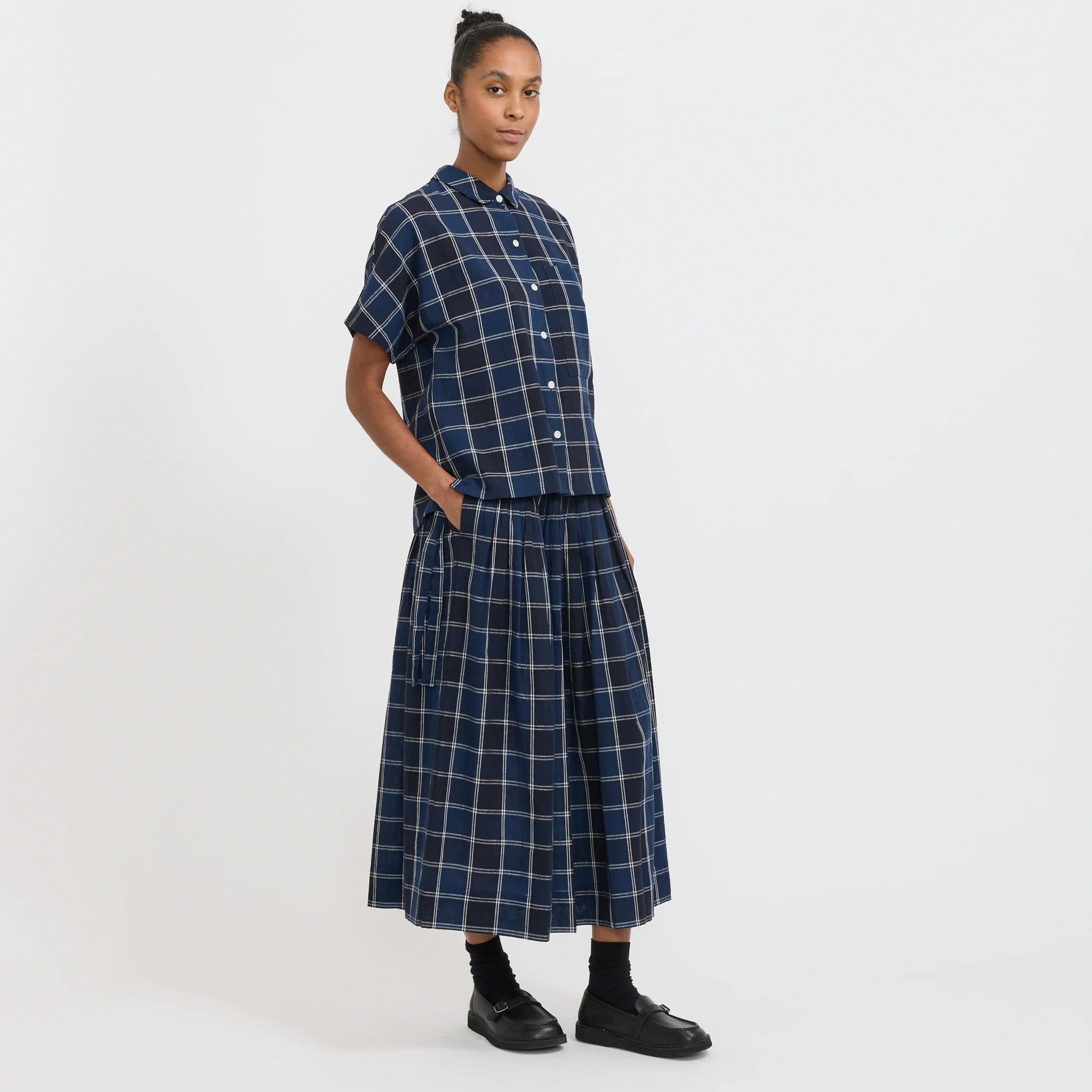 Market Check Cotton Linen Shirt Denim Blue - Image 2