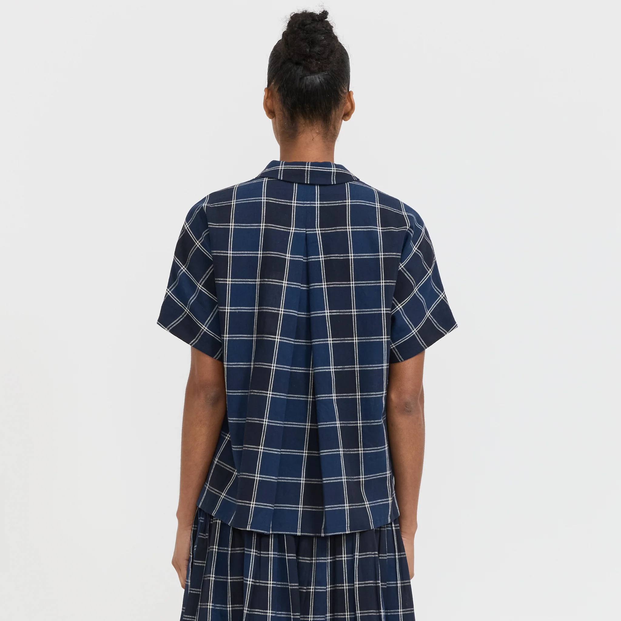 Market Check Cotton Linen Shirt Denim Blue - Image 4