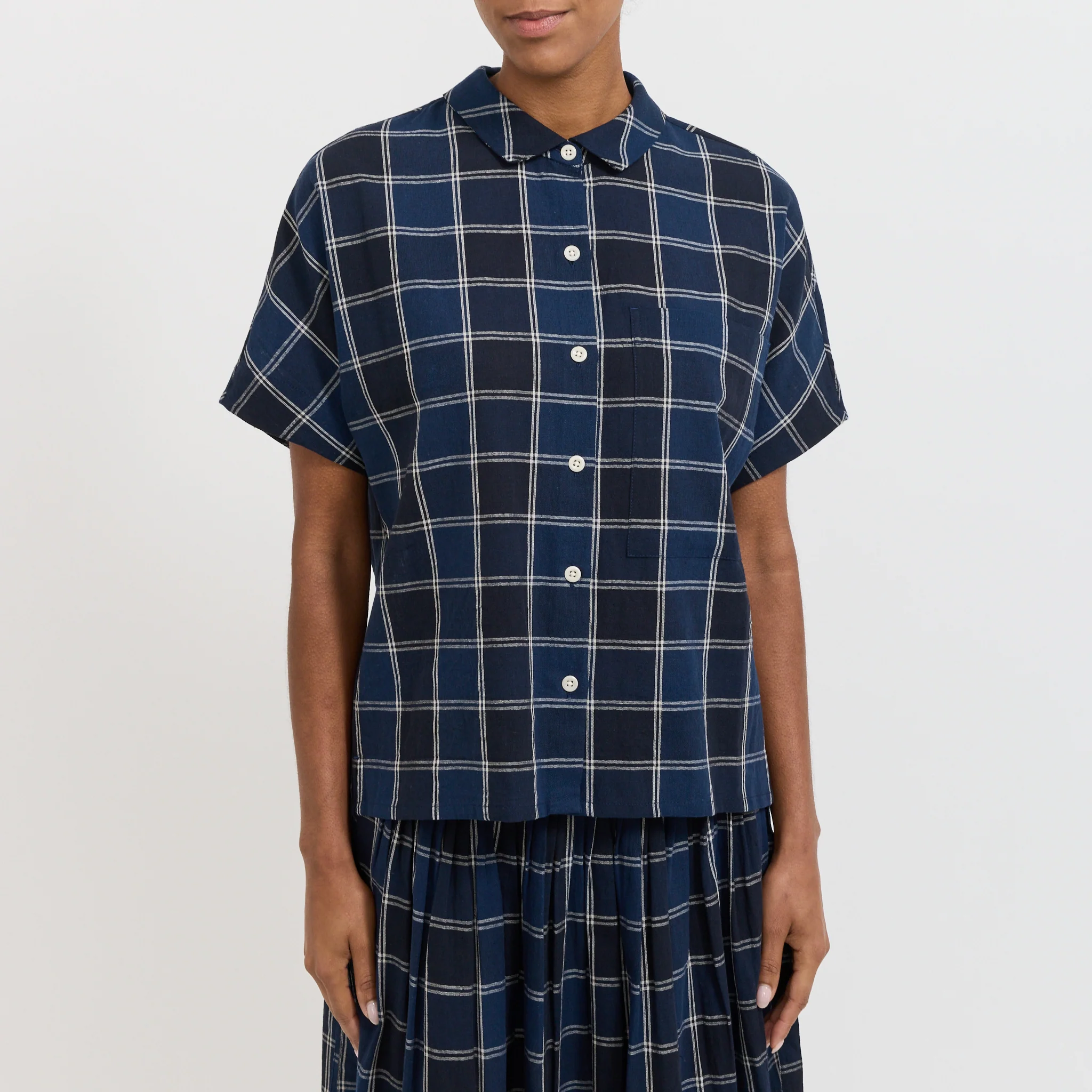 Market Check Cotton Linen Shirt Denim Blue - Image 5