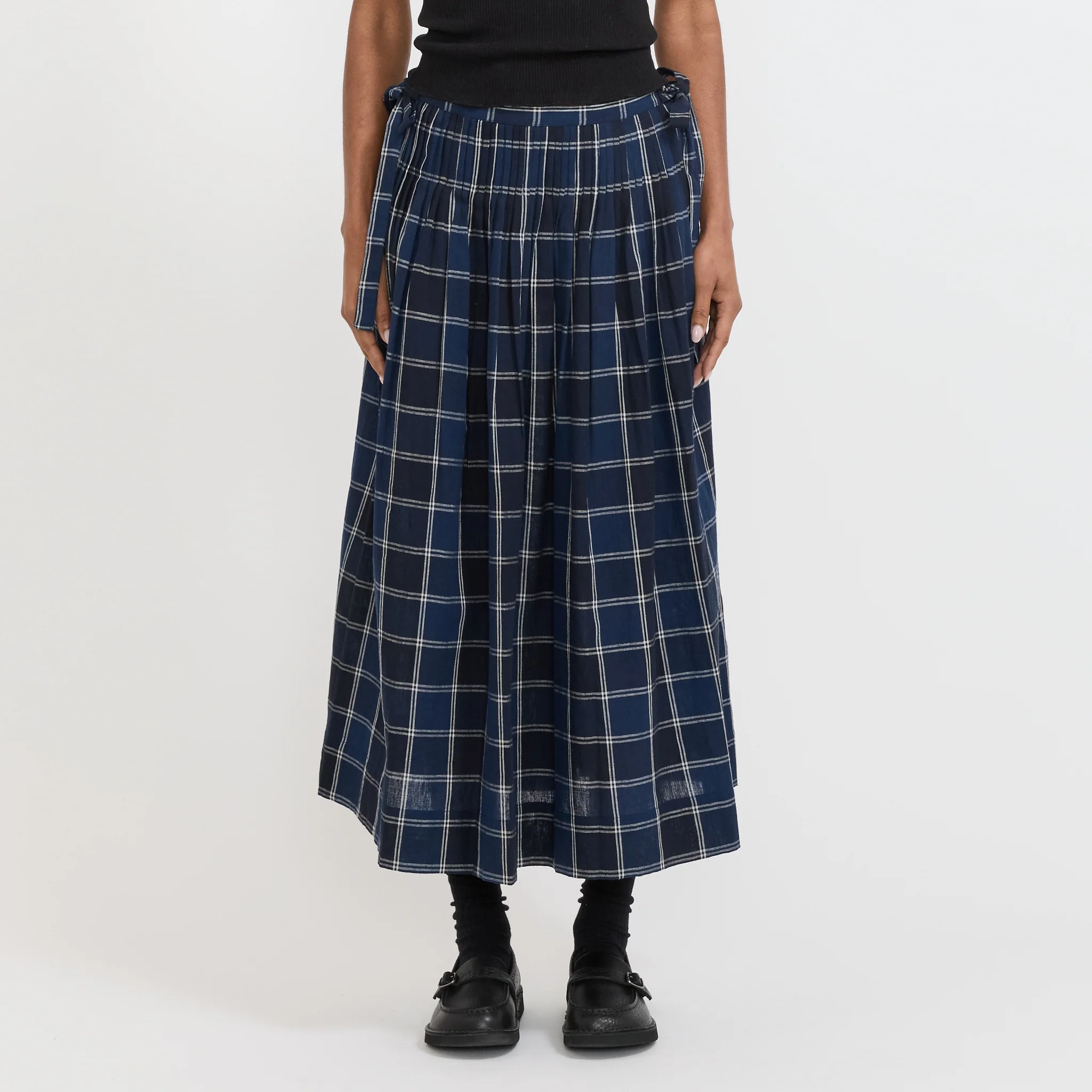 Market Check Pleated Cotton Linen Skirt Denim Blue