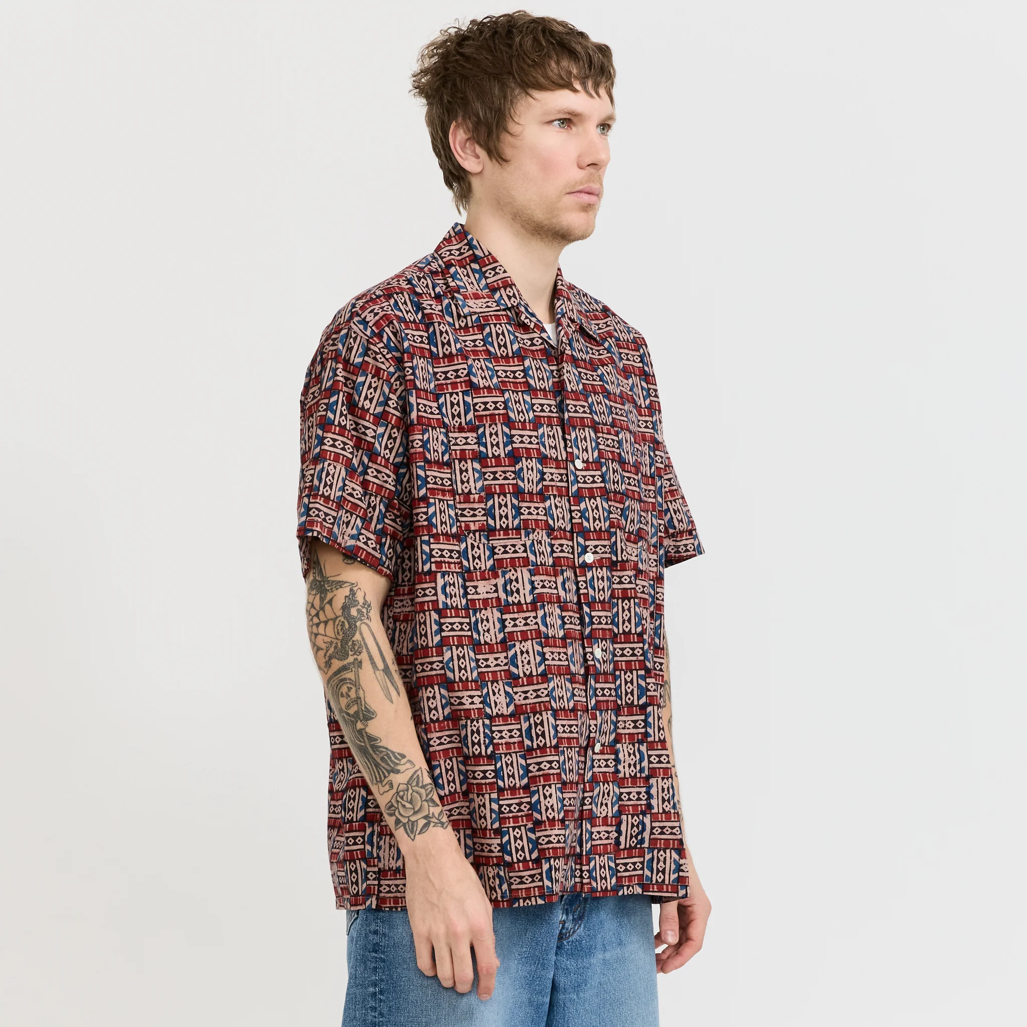 Open Collar Block Print Red - Image 3