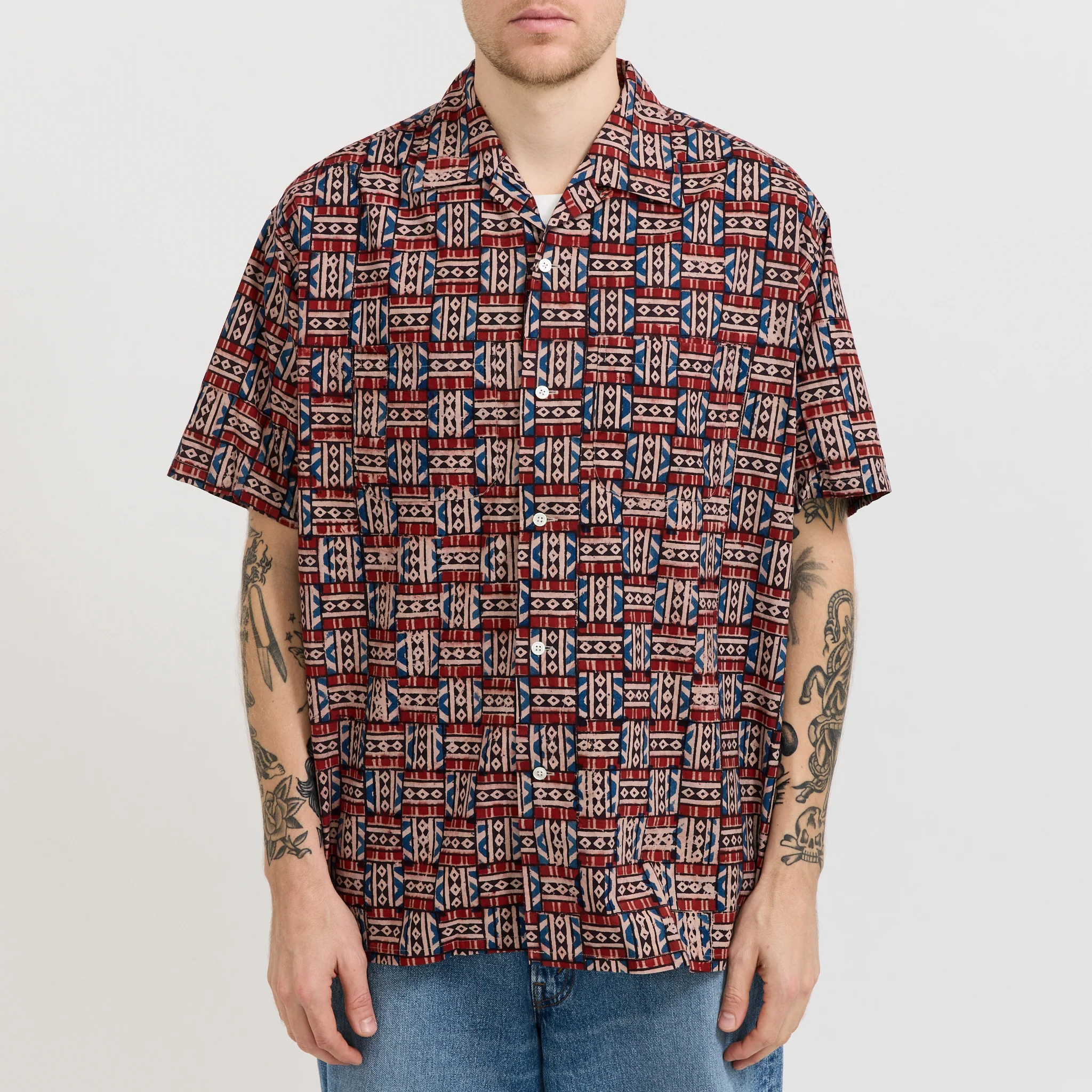 Open Collar Block Print Red - Image 5