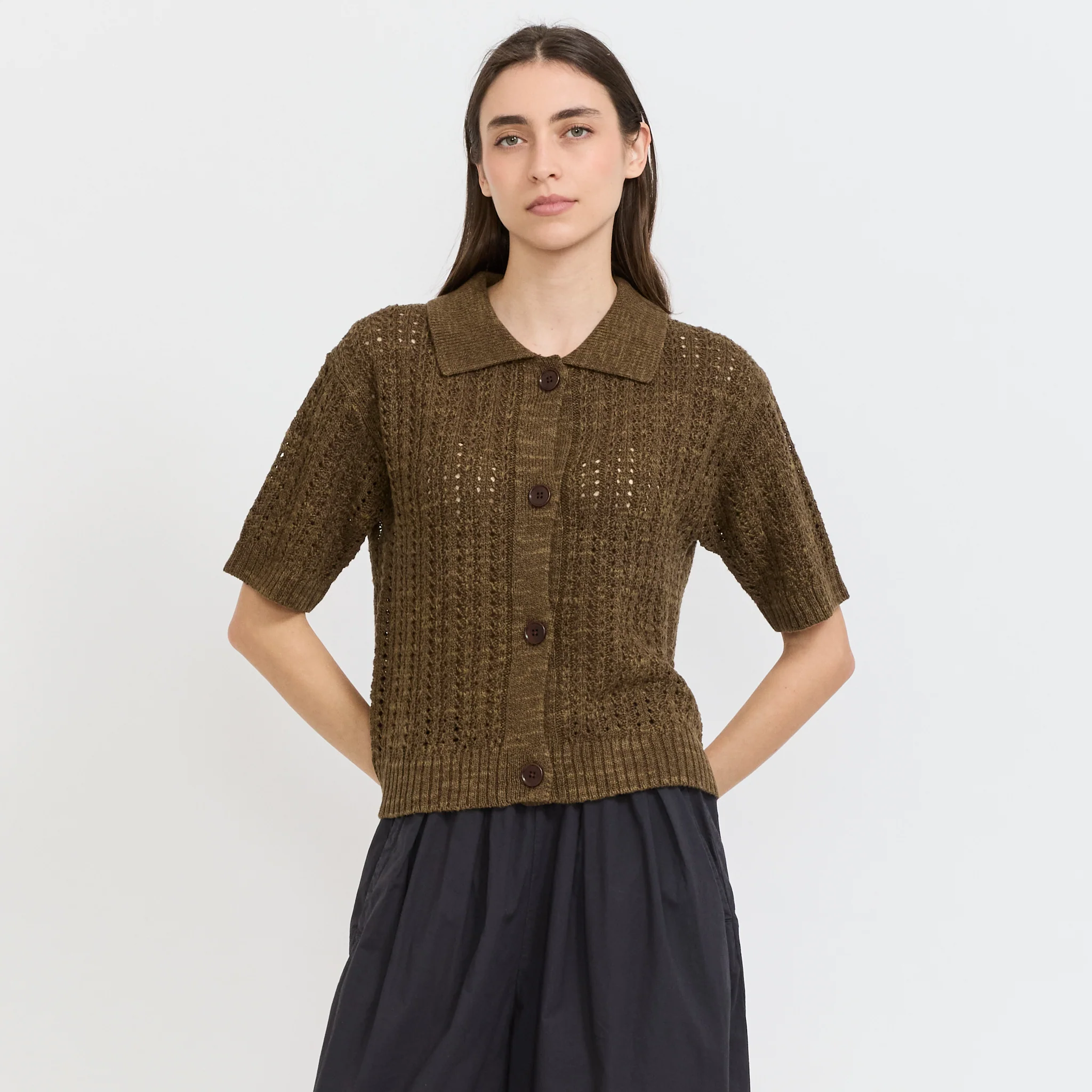 Open Stitch Knitted Linen Cotton Polo Bronze Green