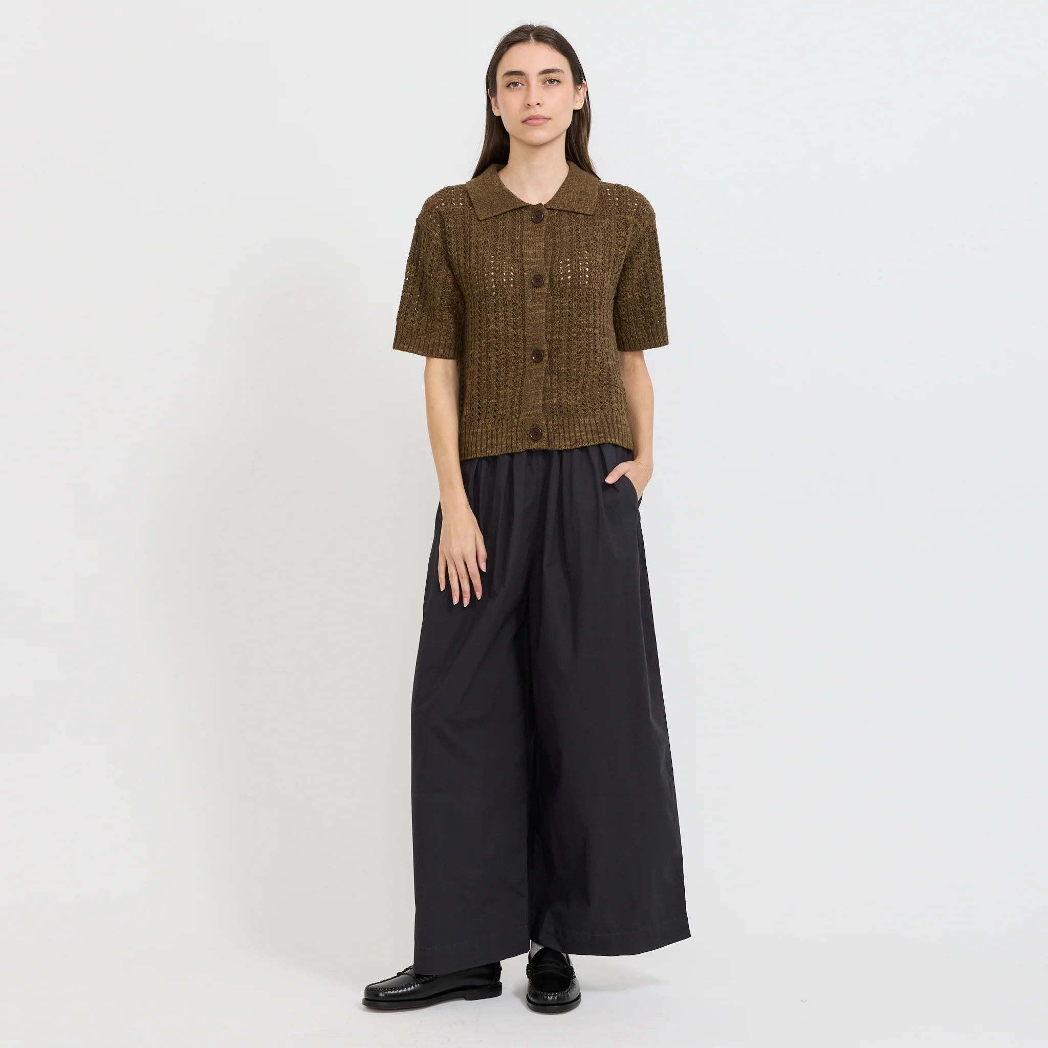 Open Stitch Knitted Linen Cotton Polo Bronze Green - Image 2