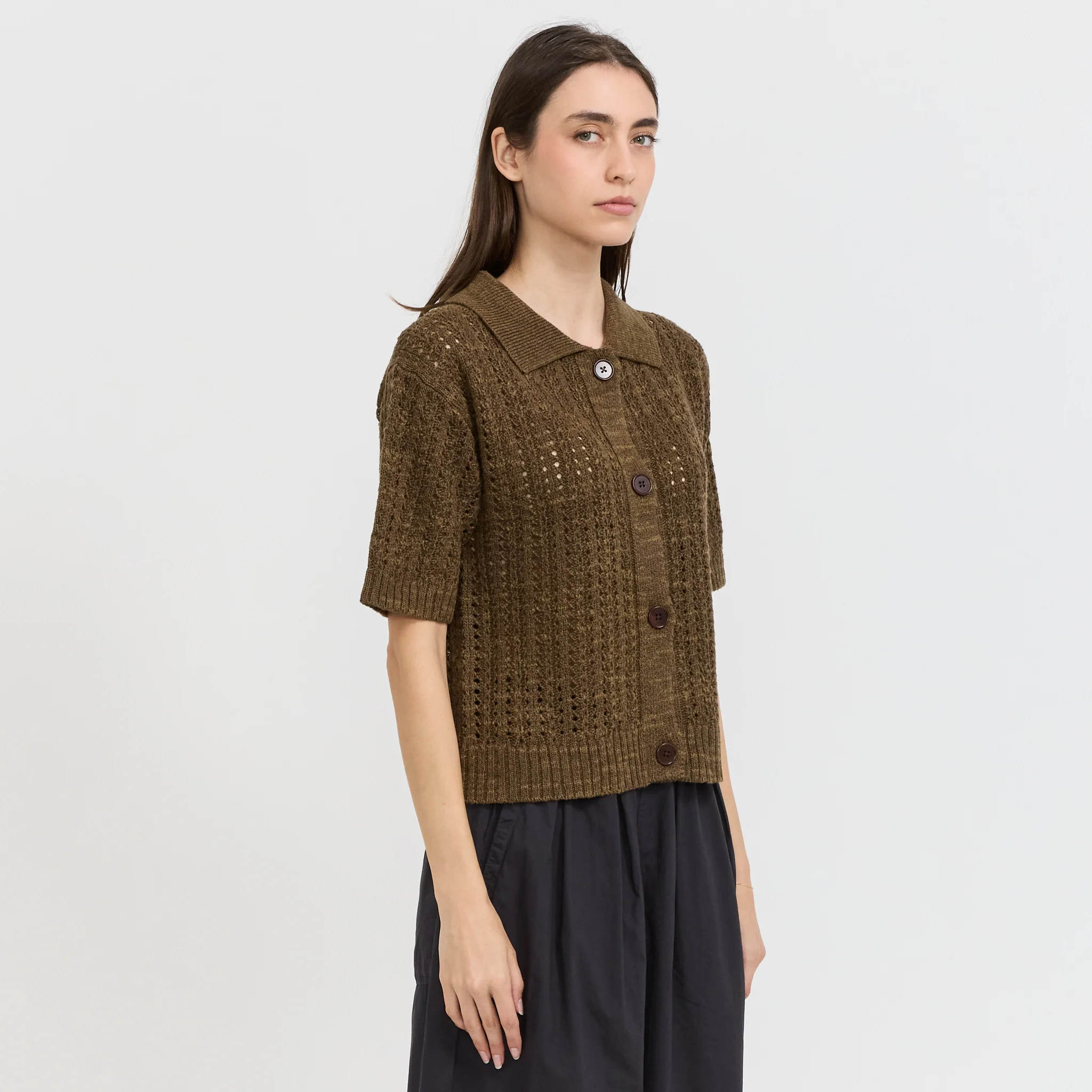 Open Stitch Knitted Linen Cotton Polo Bronze Green - Image 3