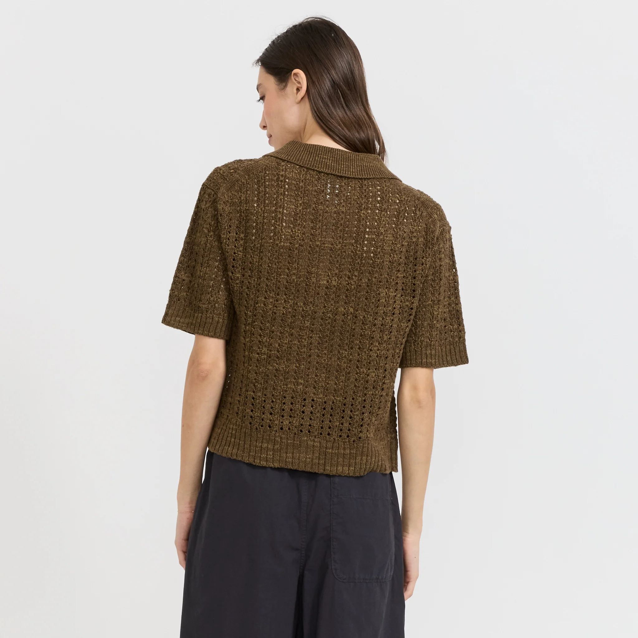 Open Stitch Knitted Linen Cotton Polo Bronze Green - Image 4
