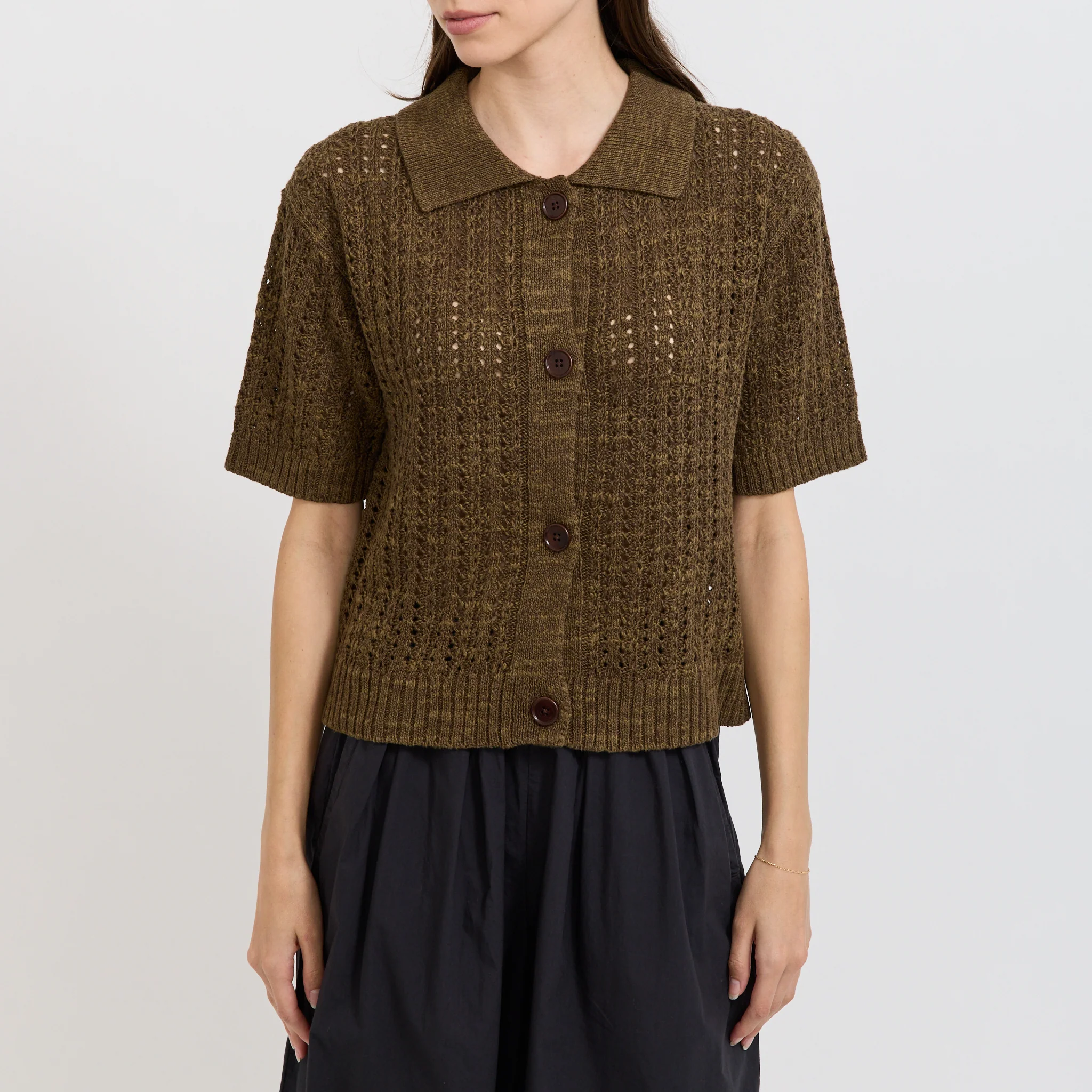 Open Stitch Knitted Linen Cotton Polo Bronze Green - Image 5