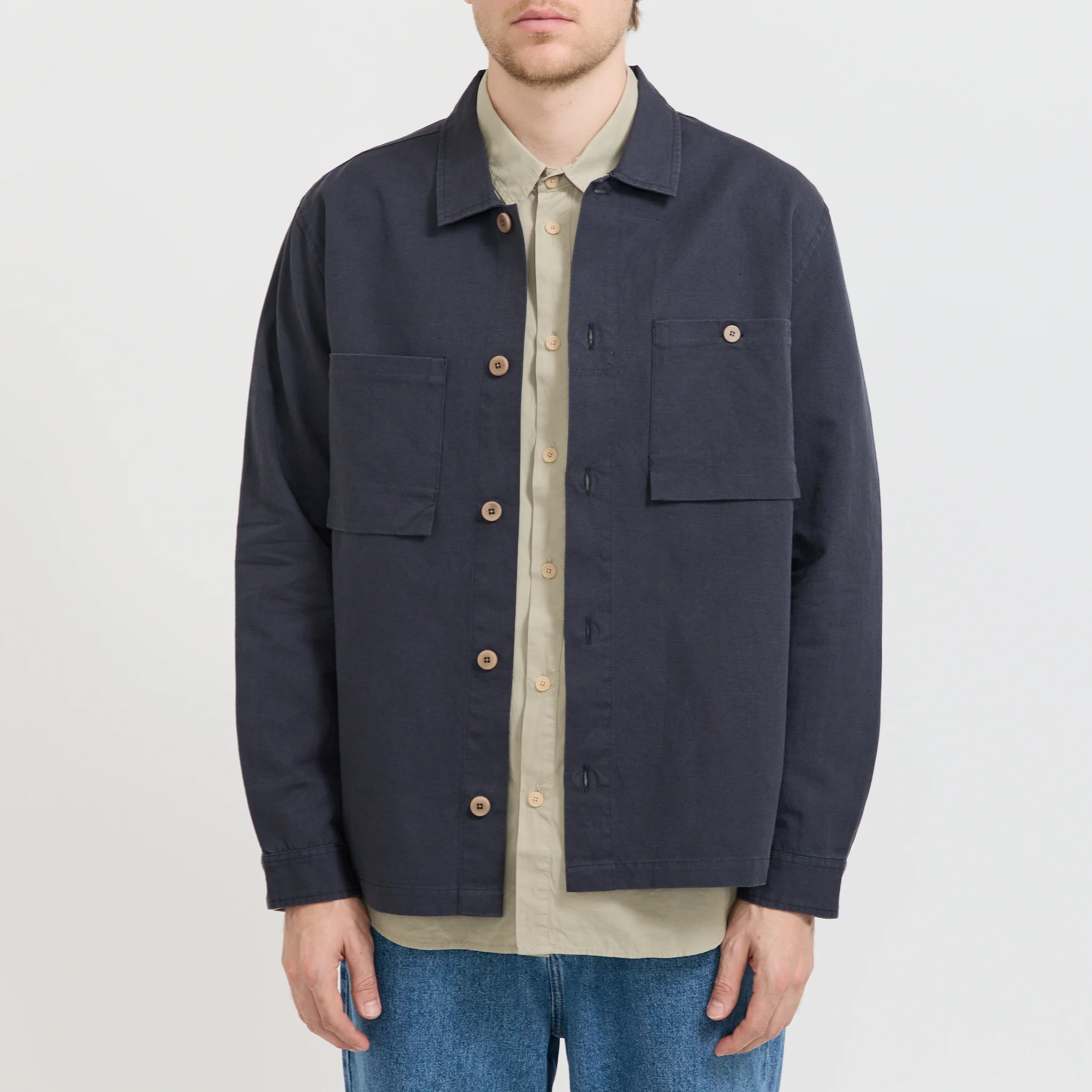Patch Overshirt Dark Navy Slub Linen - Image 5
