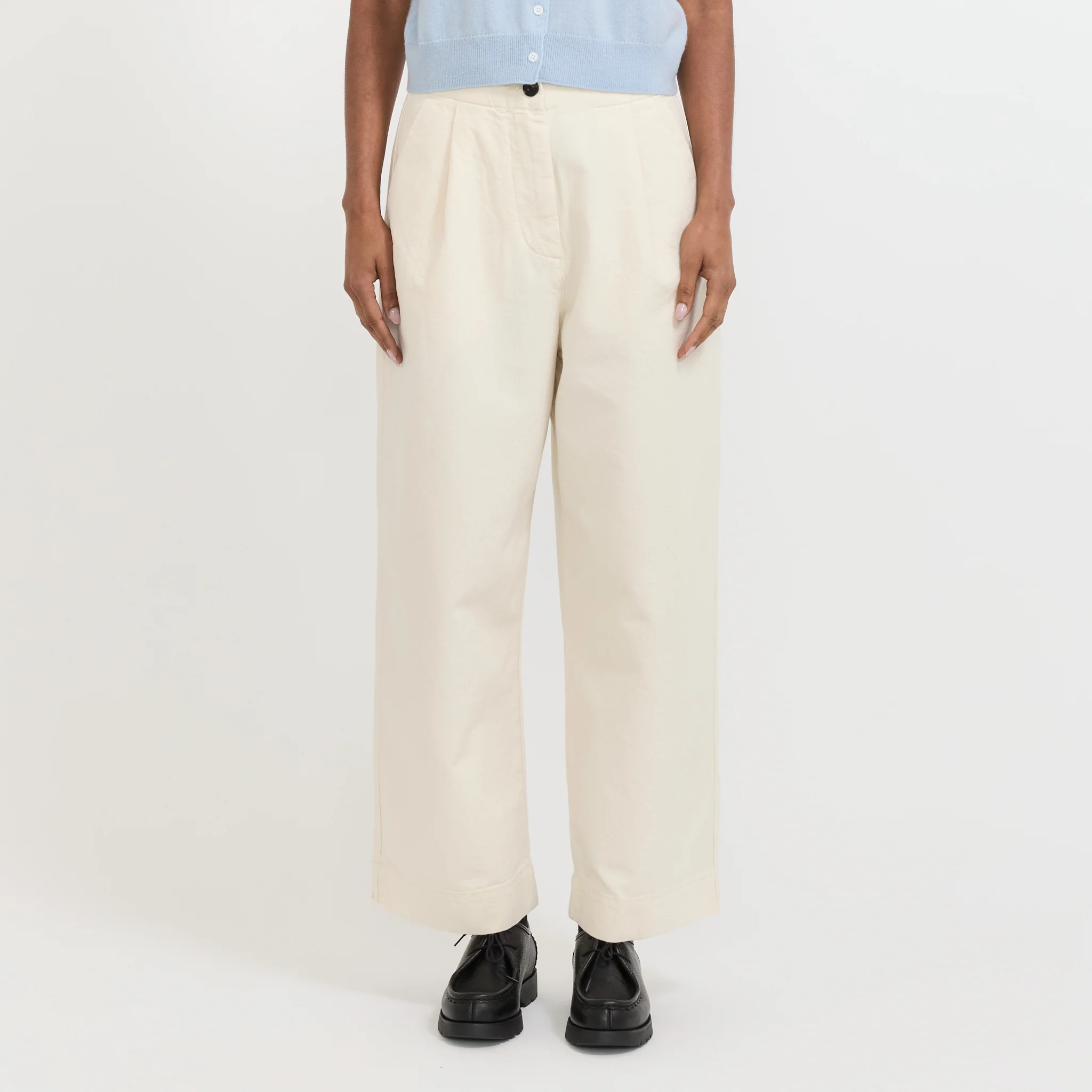 Pleat Front Cotton Twill Trousers Natural