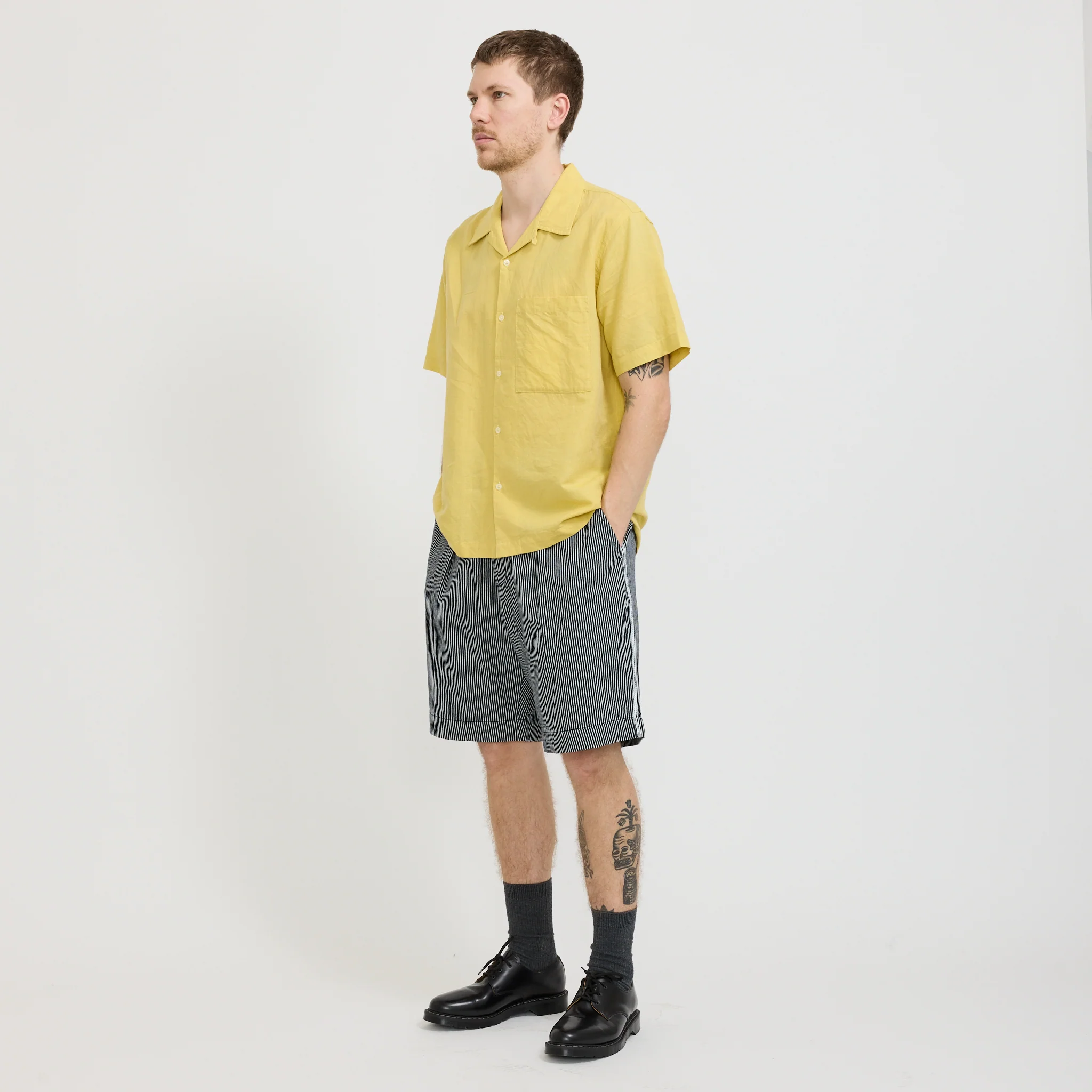 Pleated Track Short Hickory Stripe Denim Indigo - Image 2