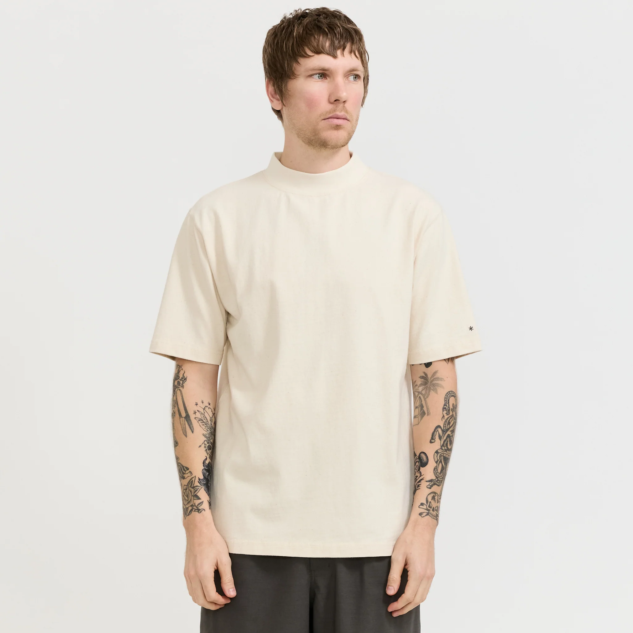 Recycled Cotton Mock Neck T-Shirt Oatmeal