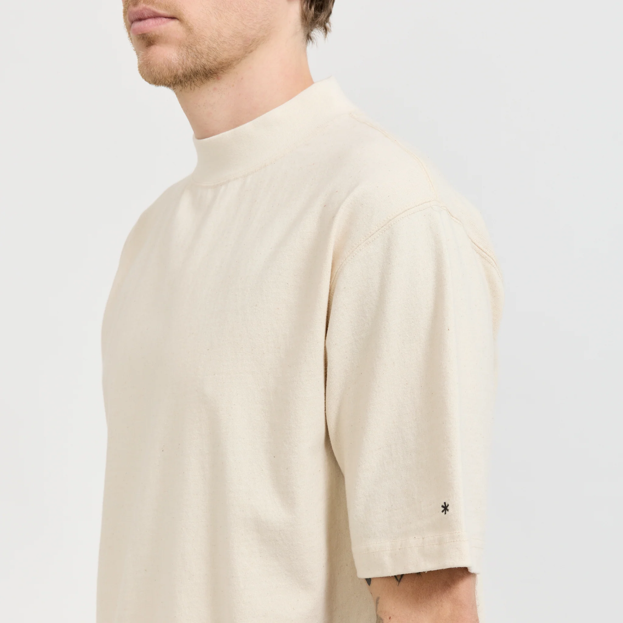 Recycled Cotton Mock Neck T-Shirt Oatmeal - Image 2