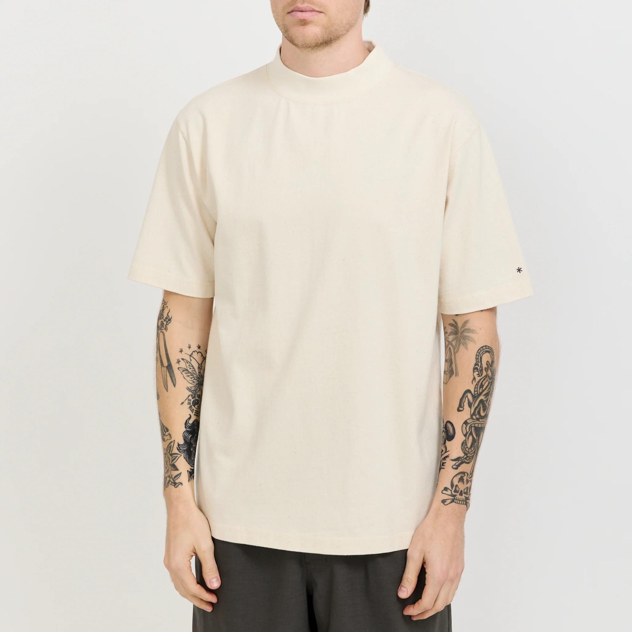 Recycled Cotton Mock Neck T-Shirt Oatmeal - Image 3