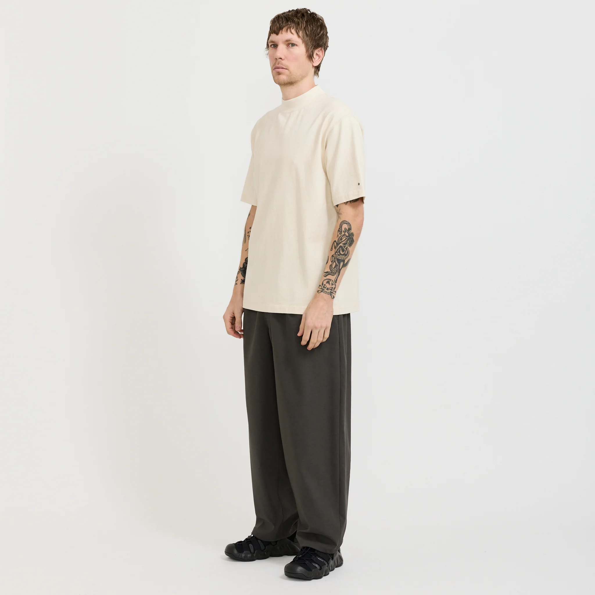 Recycled Cotton Mock Neck T-Shirt Oatmeal - Image 4