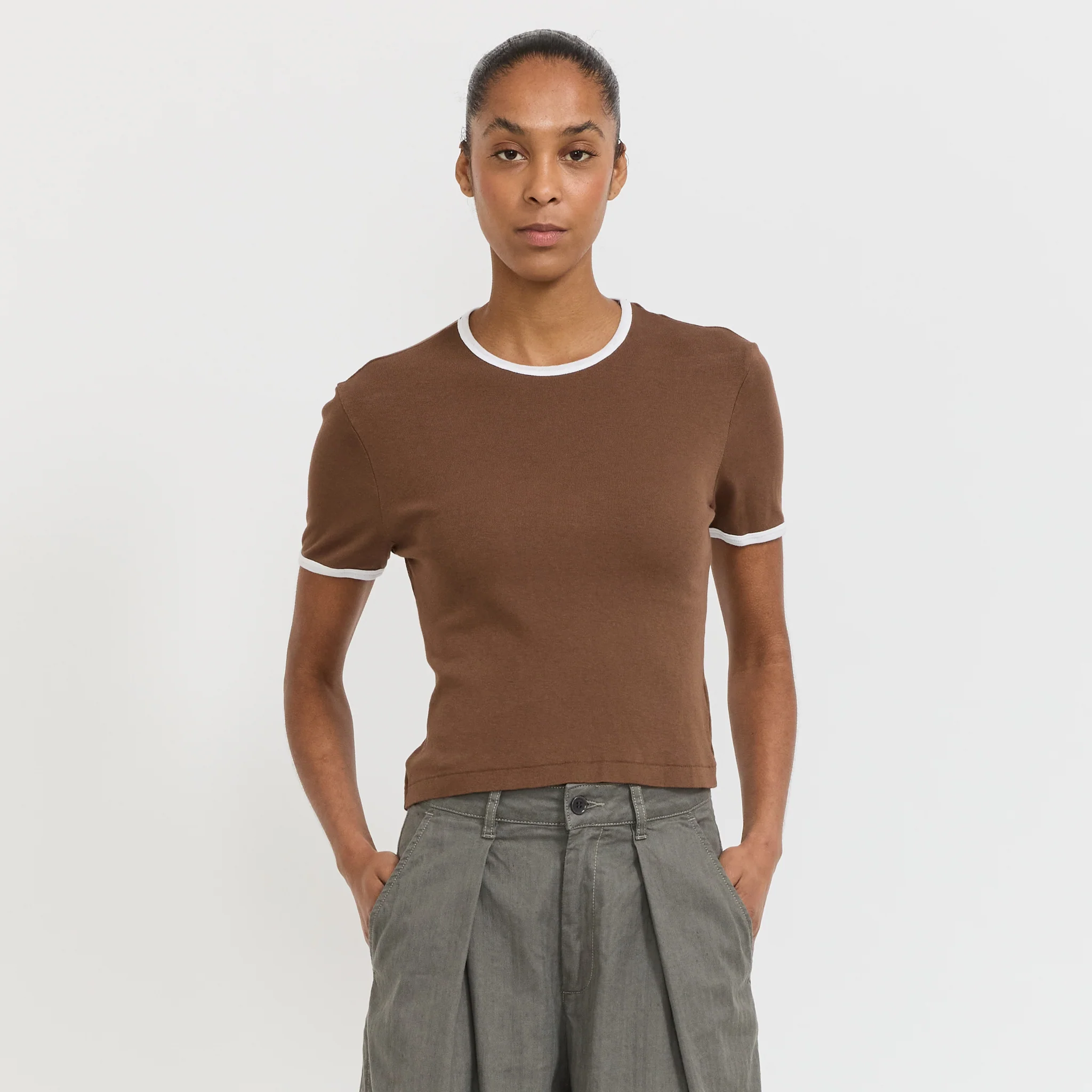 Rib Contrast Baby T-Shirt Chocolate Brown/White