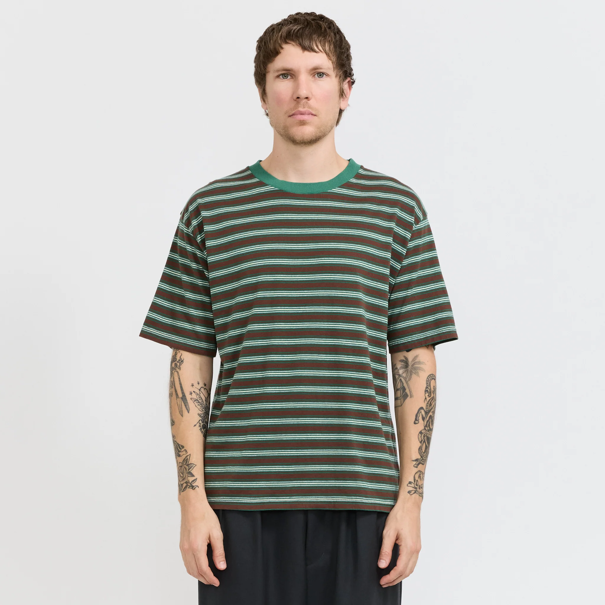 S/S Stripe Tee Dark Brown/Green