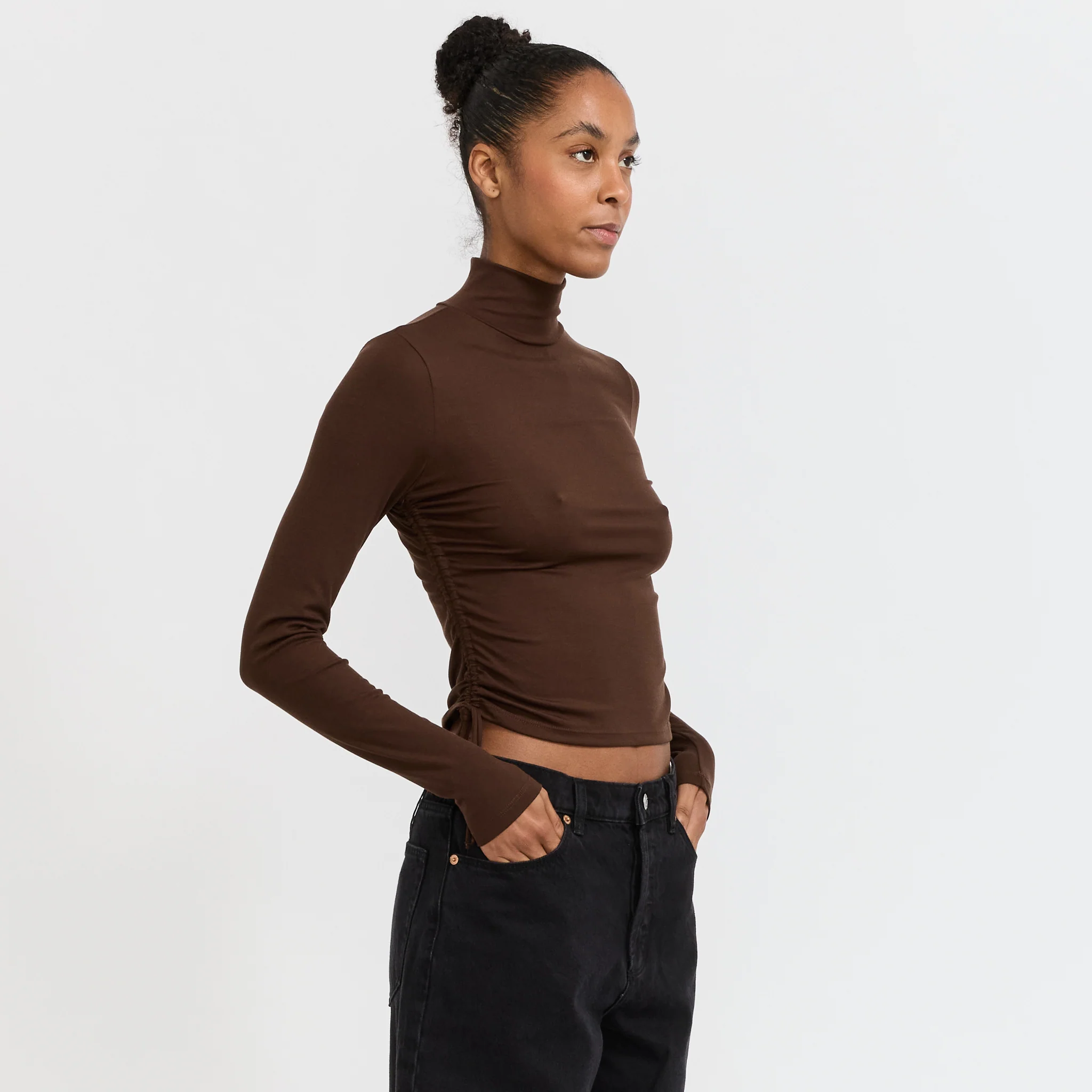 Selena Rouched Long Sleeve Top Espresso - Image 3