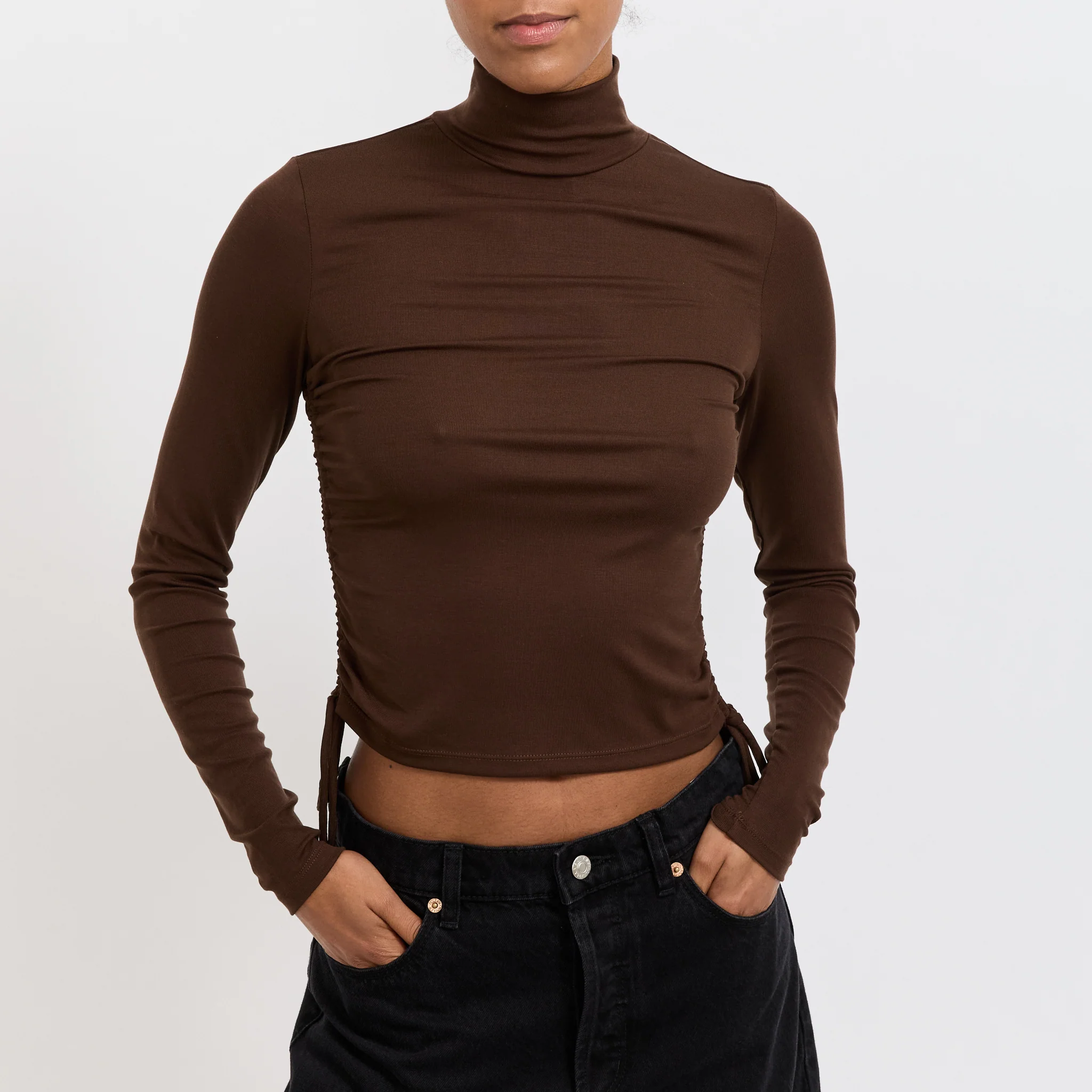 Selena Rouched Long Sleeve Top Espresso - Image 5