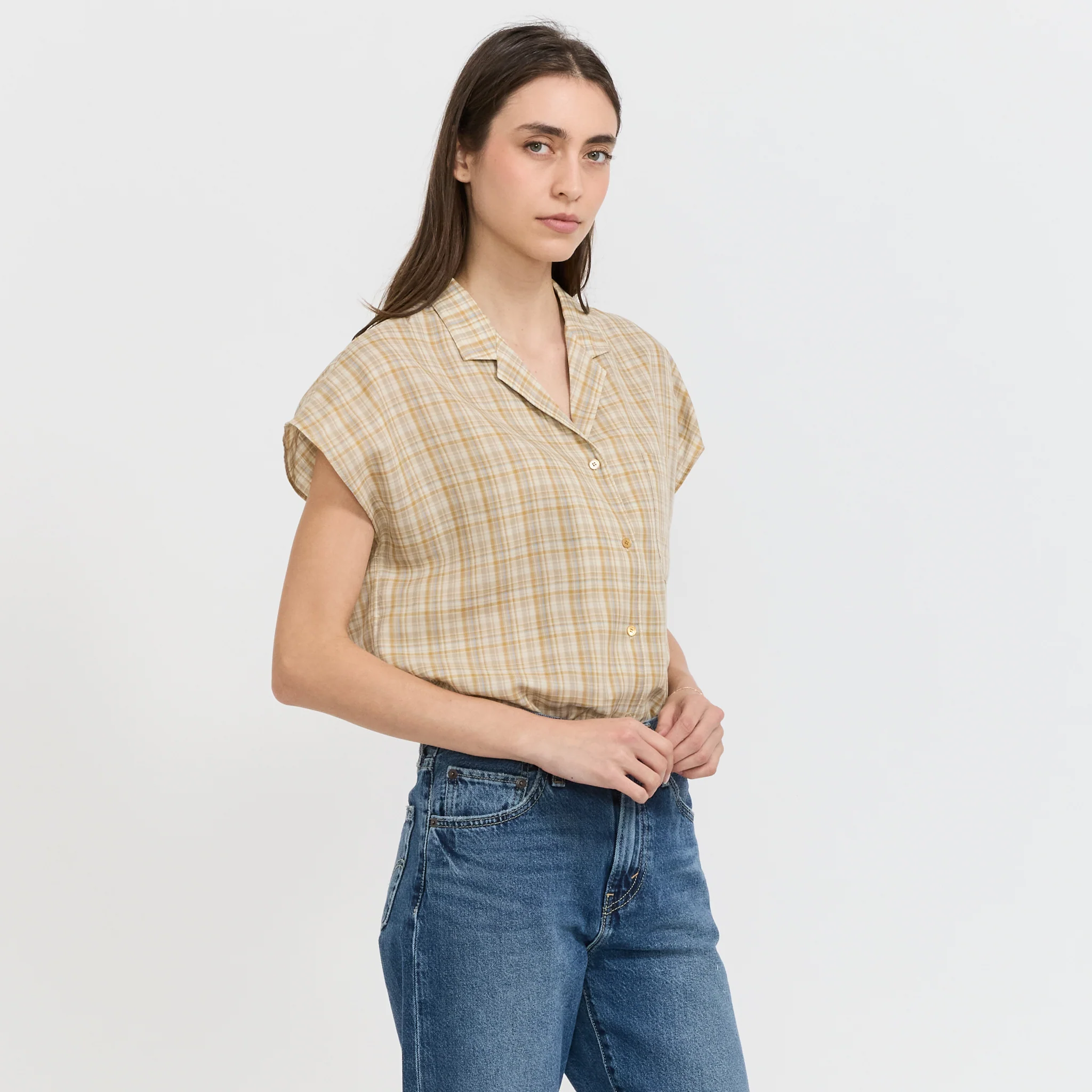 Sleeveless Check Shirt Mustard - Image 6