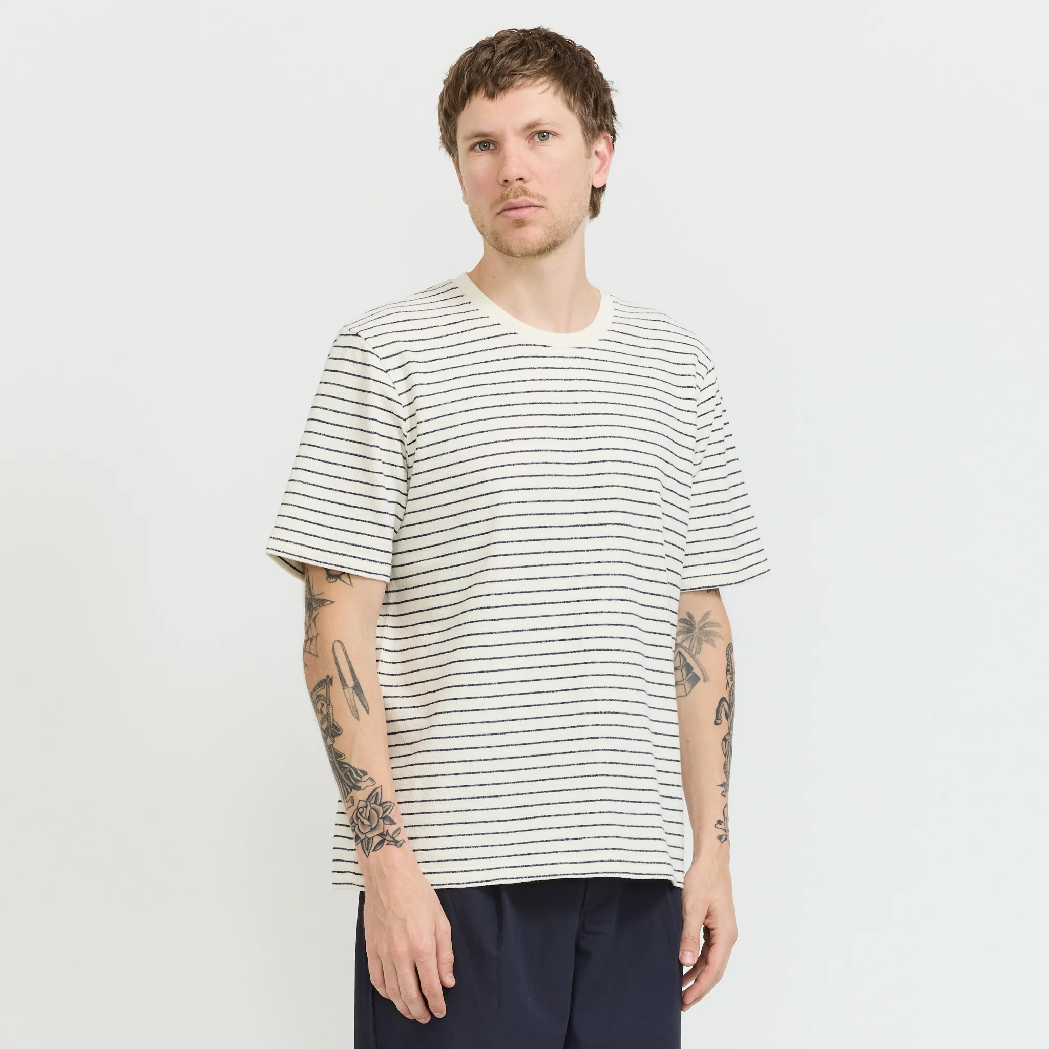 SS Textured Stripe T-Shirt Ecru Navy