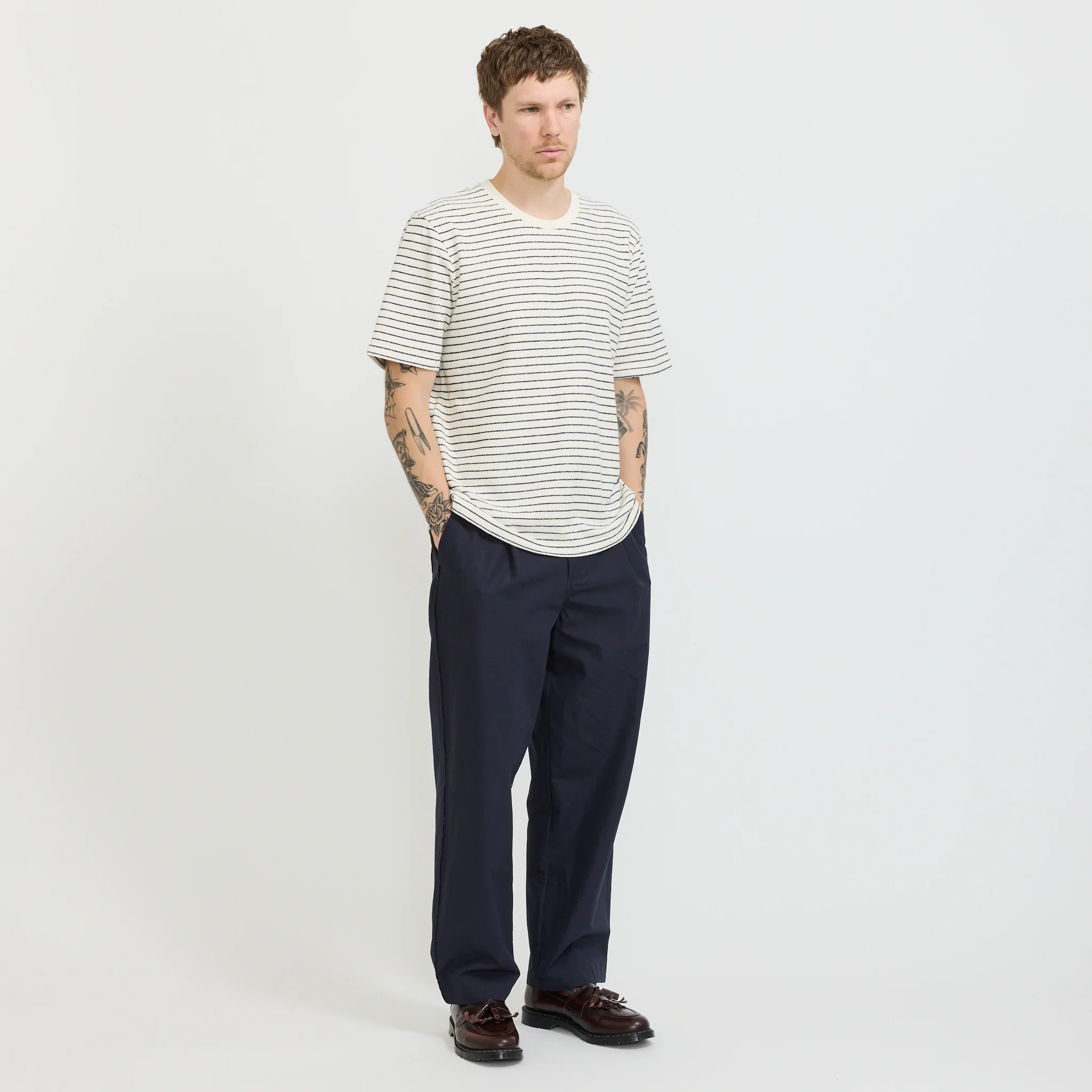 SS Textured Stripe T-Shirt Ecru Navy - Image 2