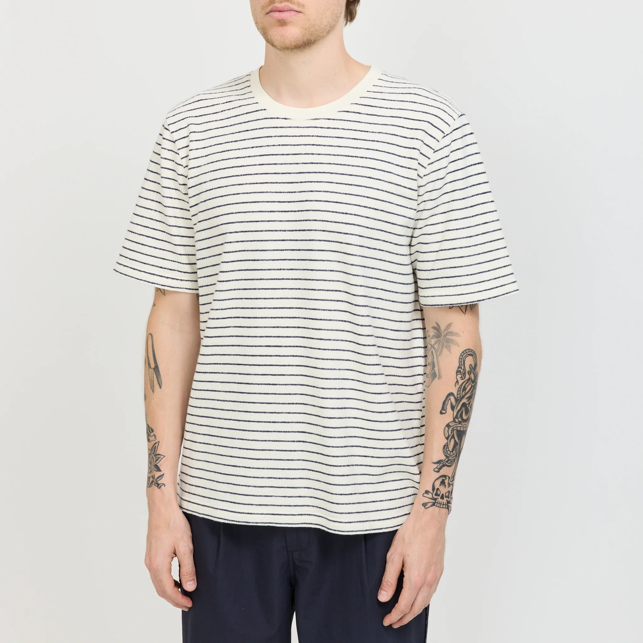 SS Textured Stripe T-Shirt Ecru Navy - Image 5