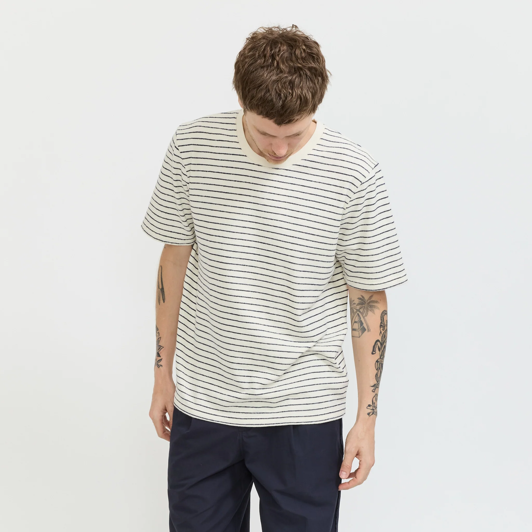 SS Textured Stripe T-Shirt Ecru Navy - Image 6