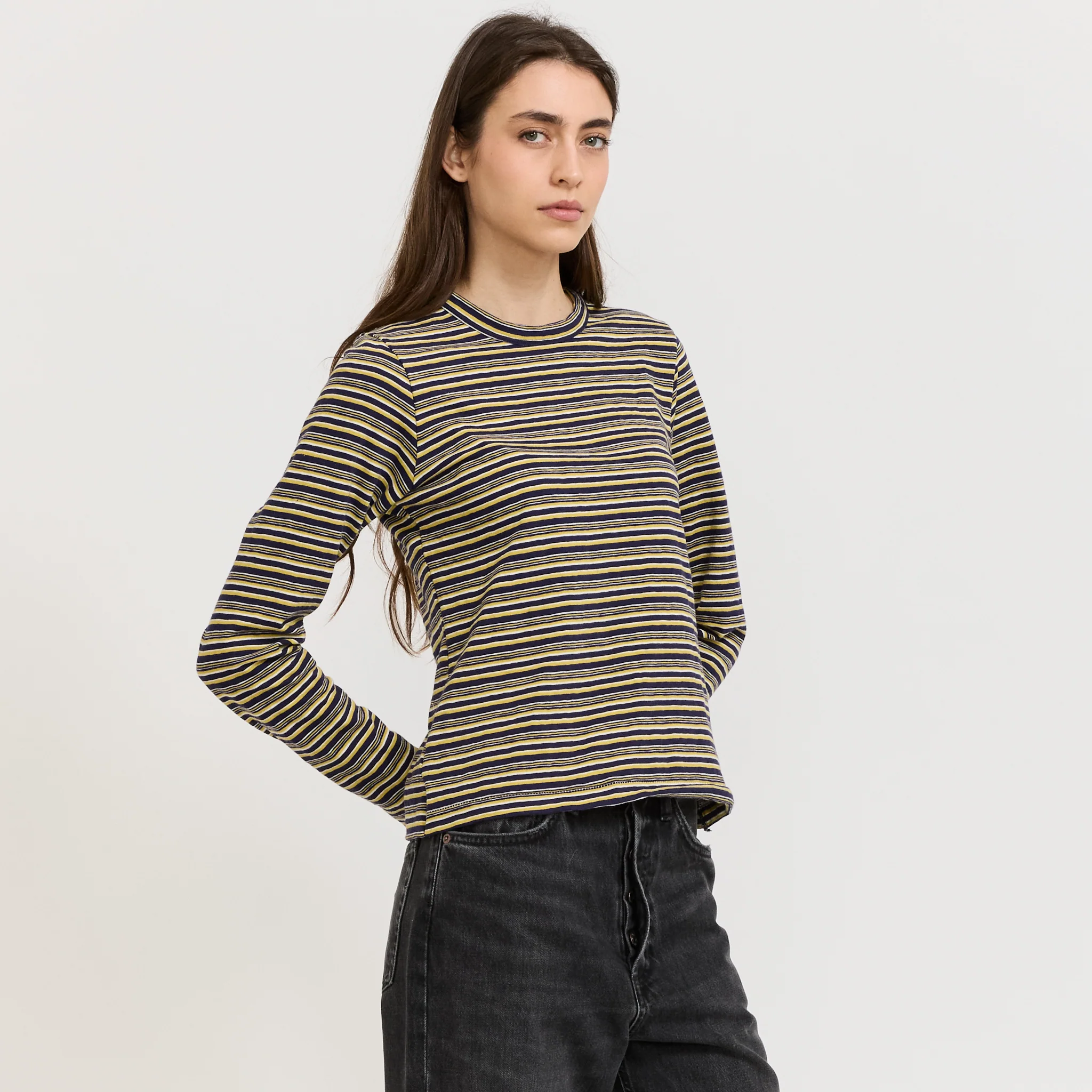 Stripe Slim L/S T-Shirt Navy/Citrus/White